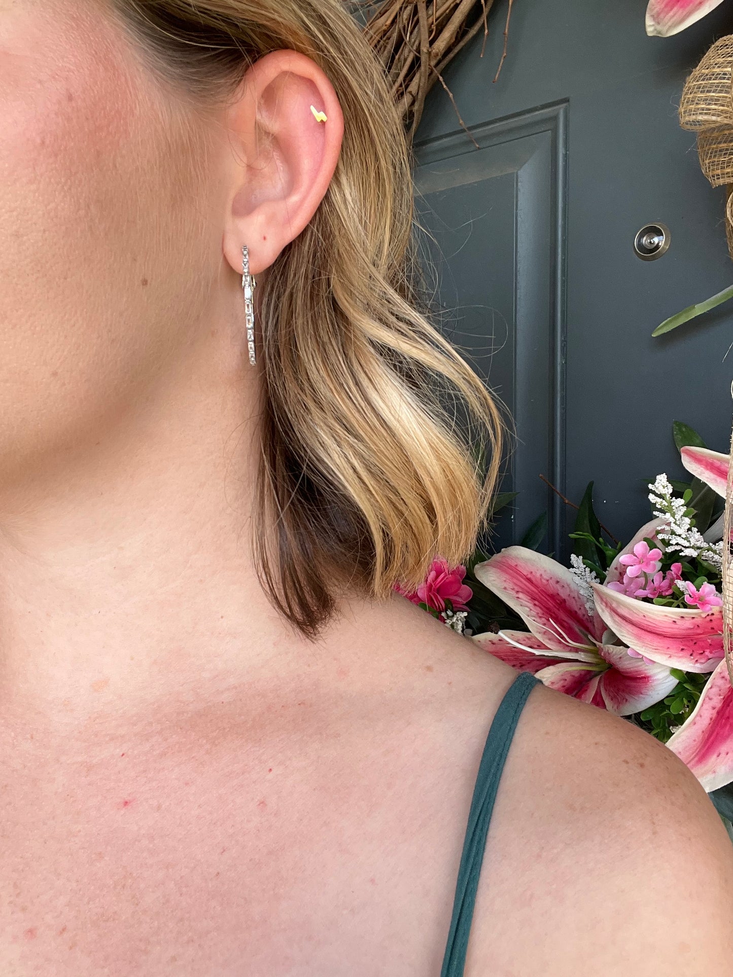 Medium Silver Hoops with Rectangular Gems