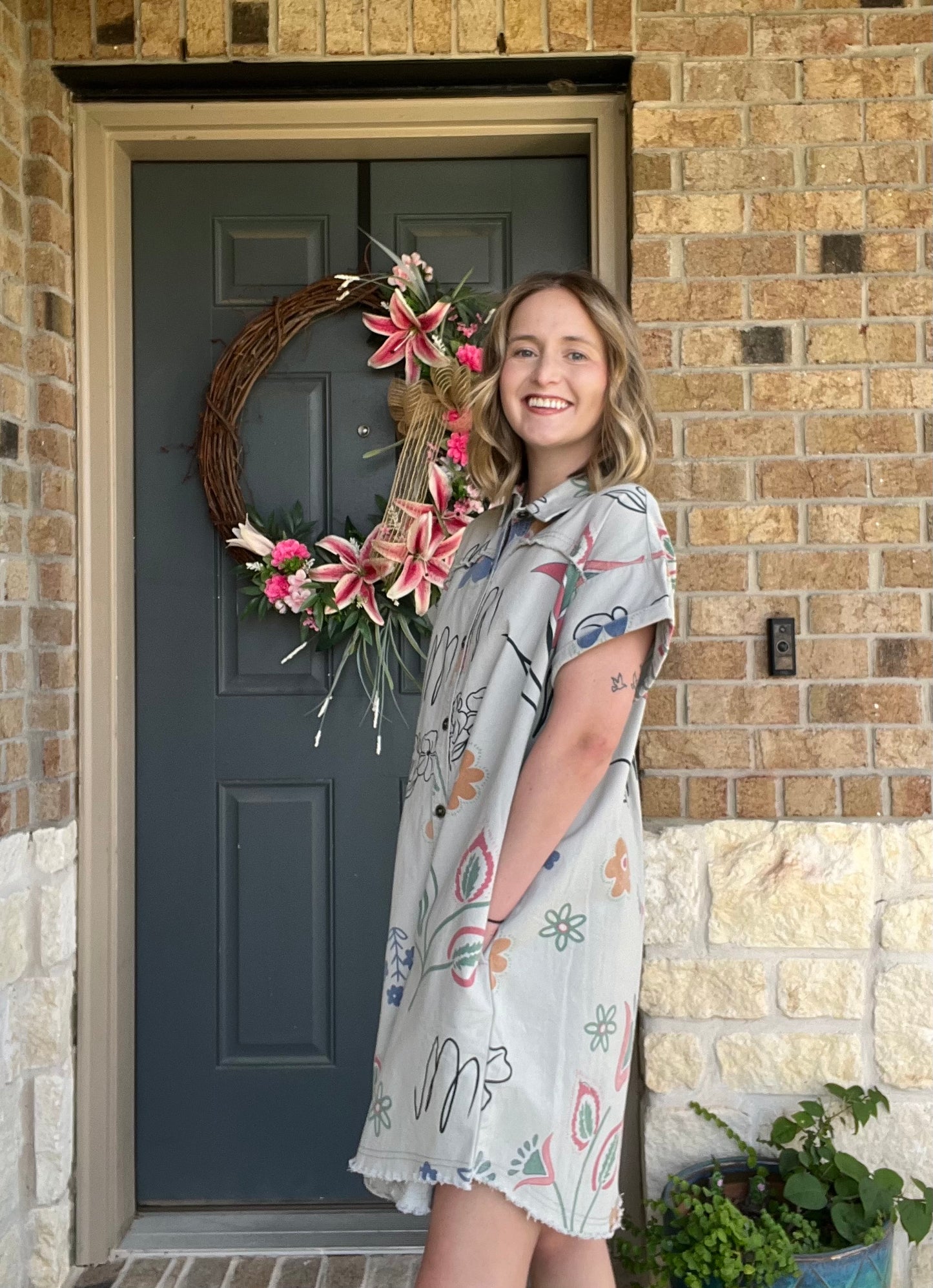 Grey Denim Short Sleeve Printed Button Down Dress