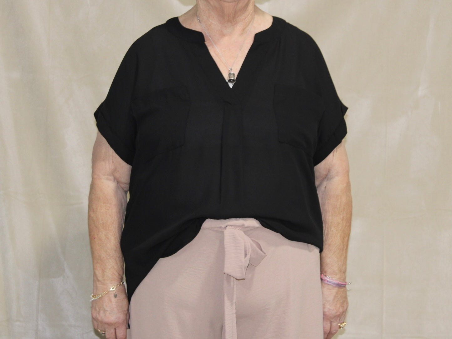 Black Button Back V-Neck Top