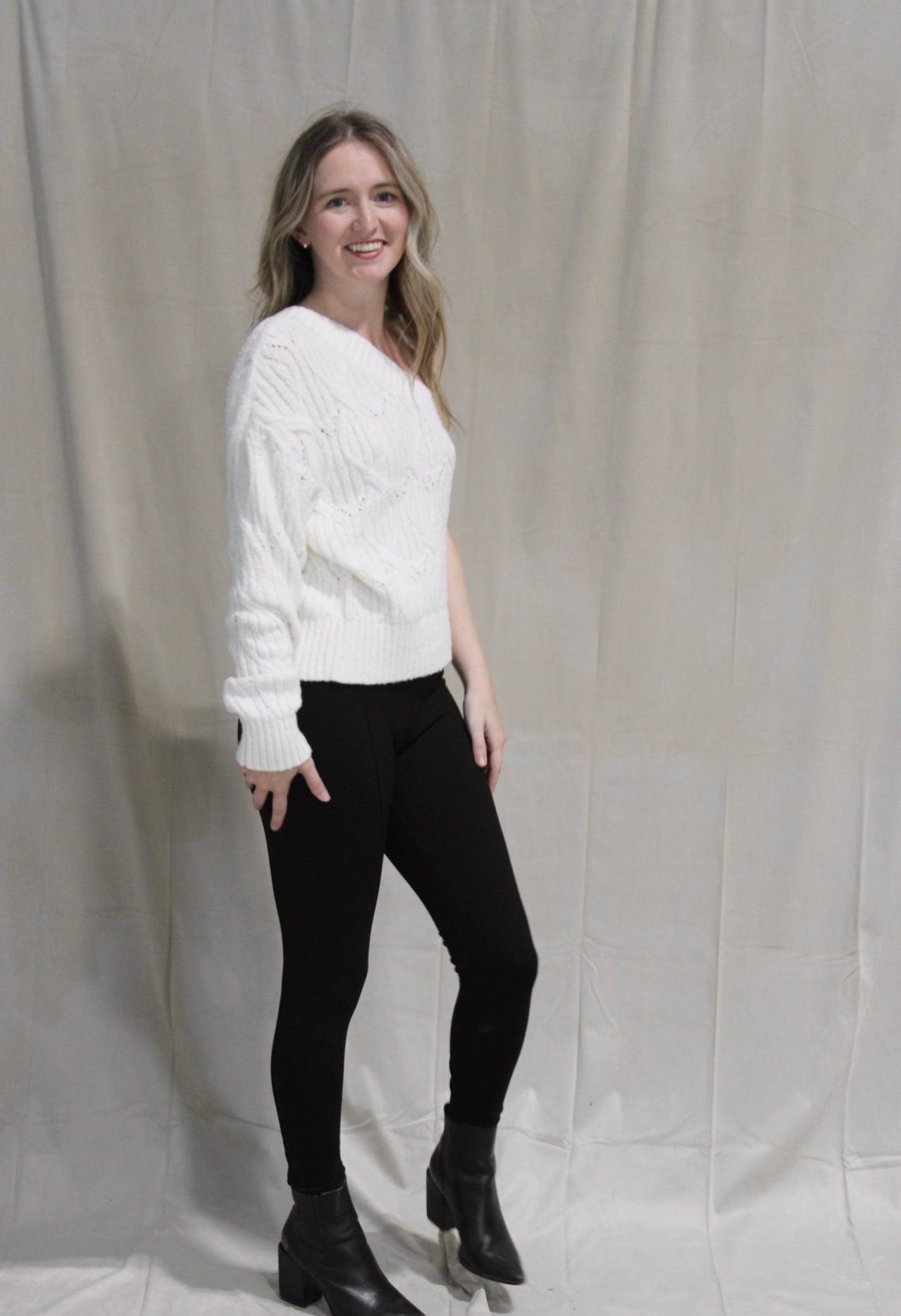 One Shoulder Cable Knit White Sweater