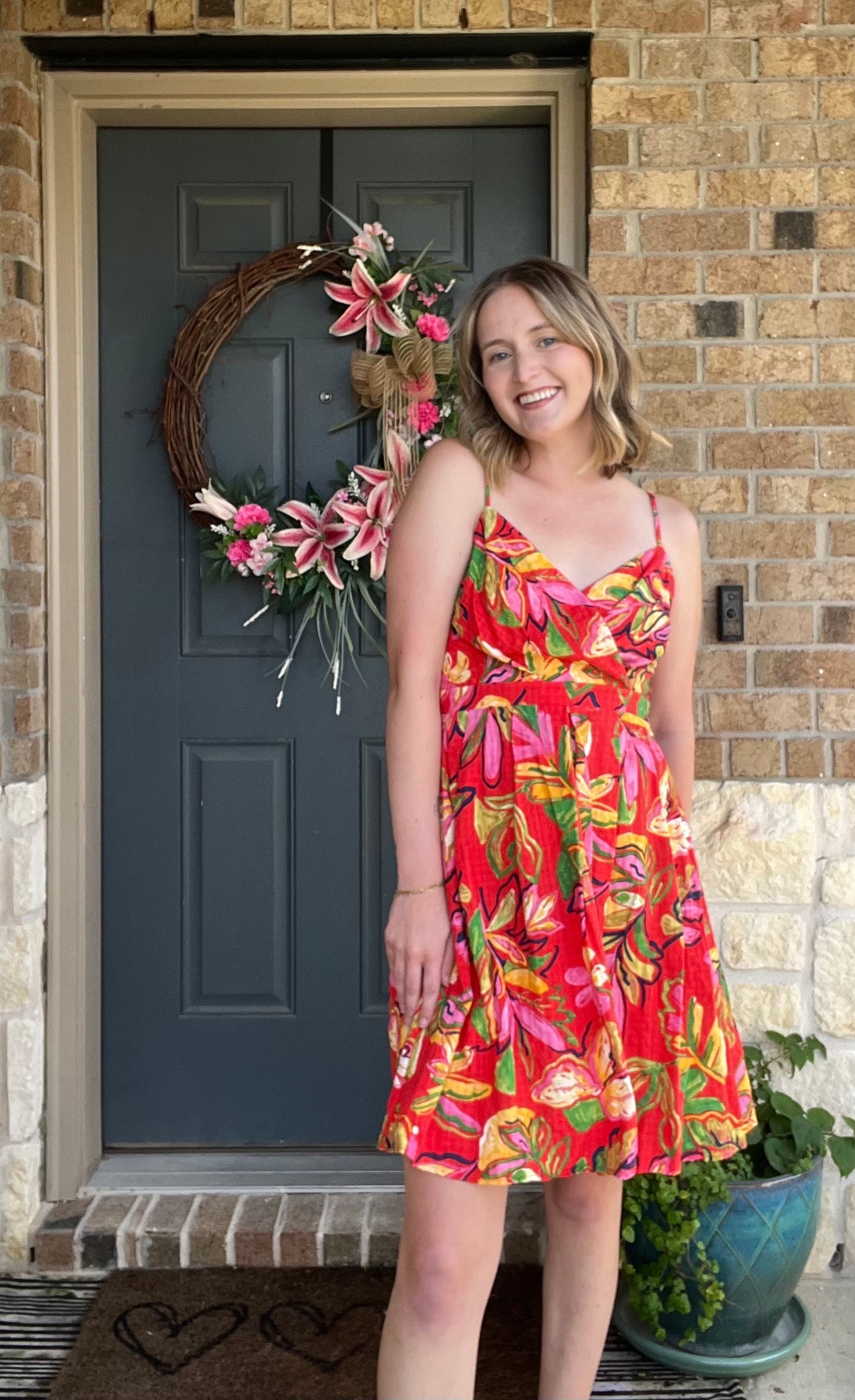 Hot Coral Sleeveless Floral Wrap Dress