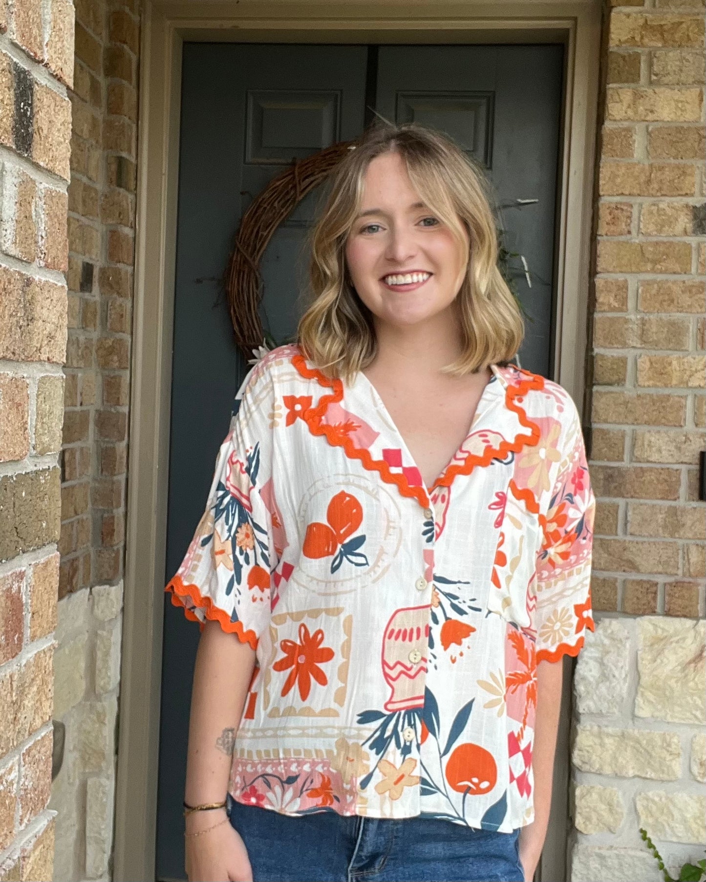 Orange Floral and Fruit Print Wavy Trim Collared Shirt