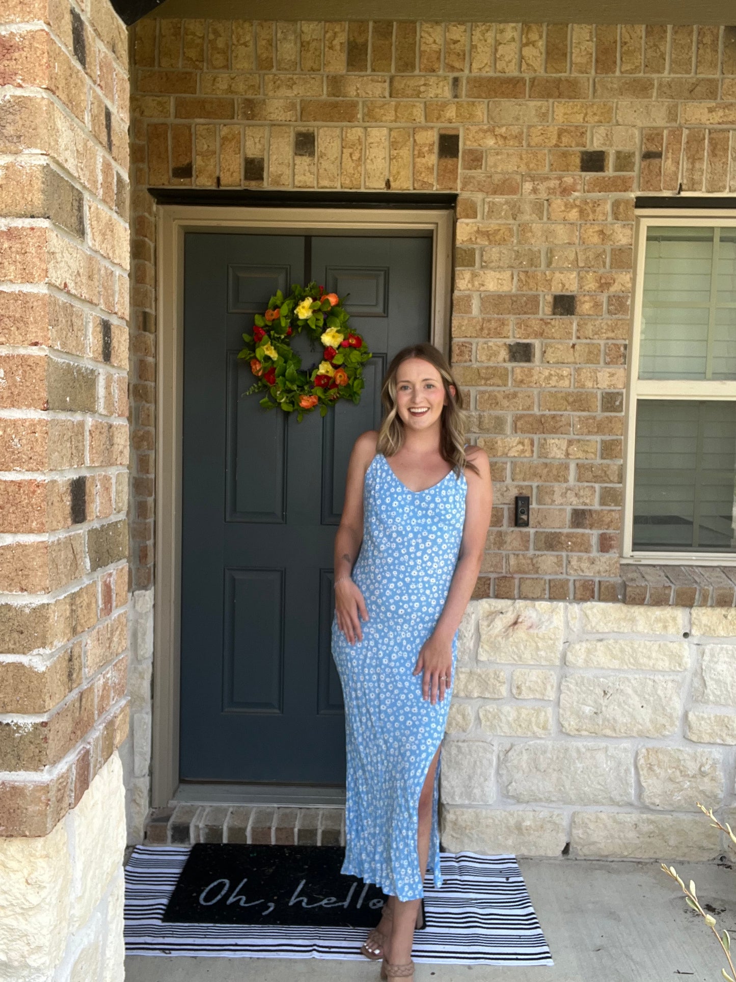 Light Blue Daisy Sleeveless Side Slit Midi Dress