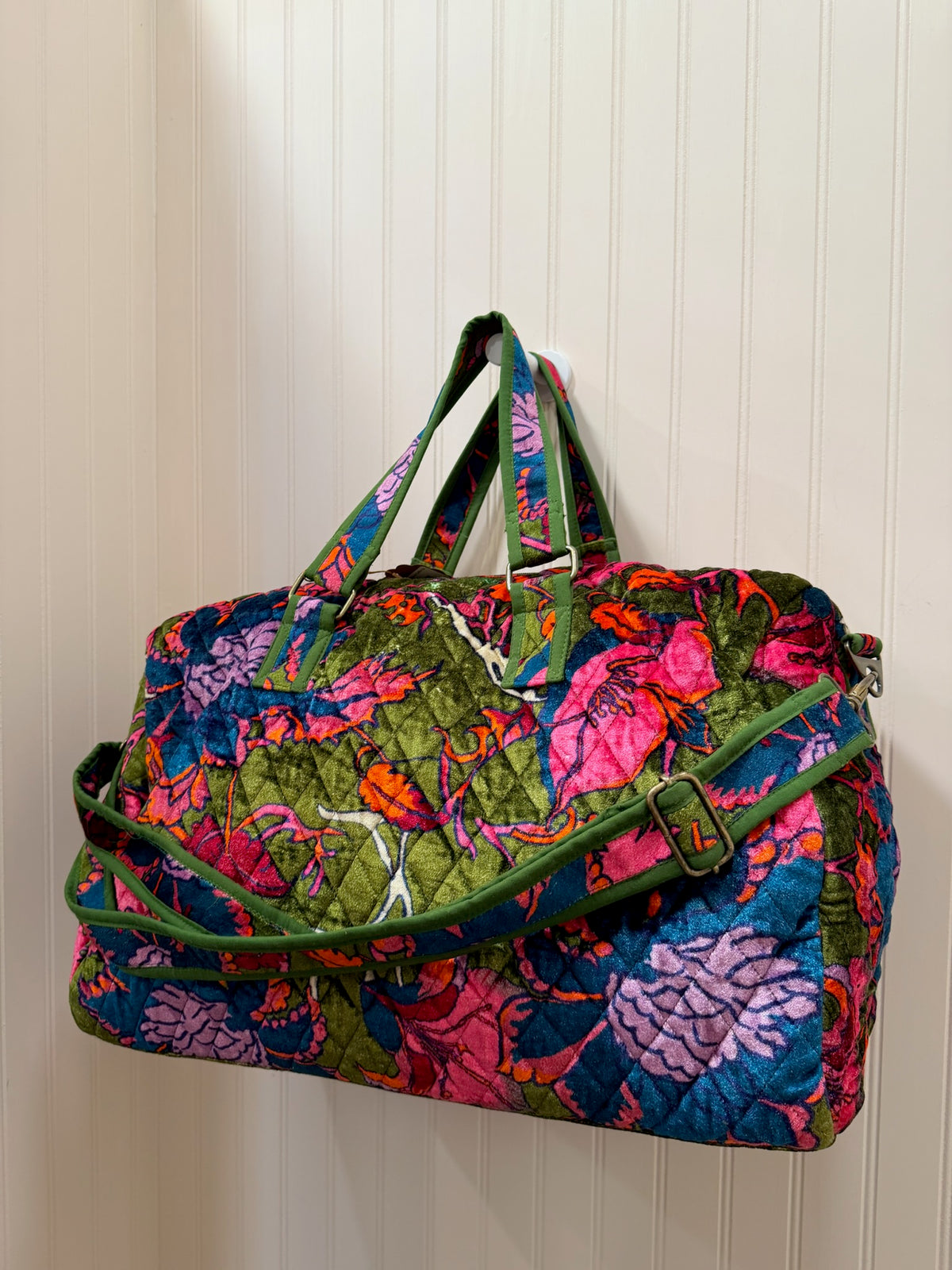 Dark Green Velvet Floral Duffle Bag