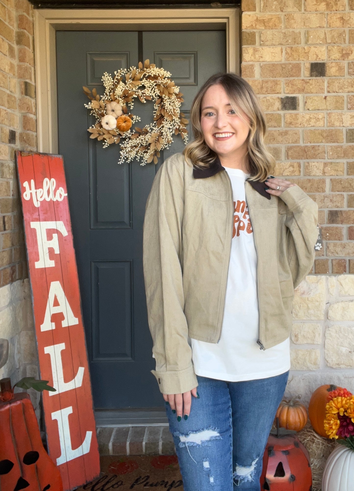 Khaki Corduroy Contrast Bomber Zip-up Jacket