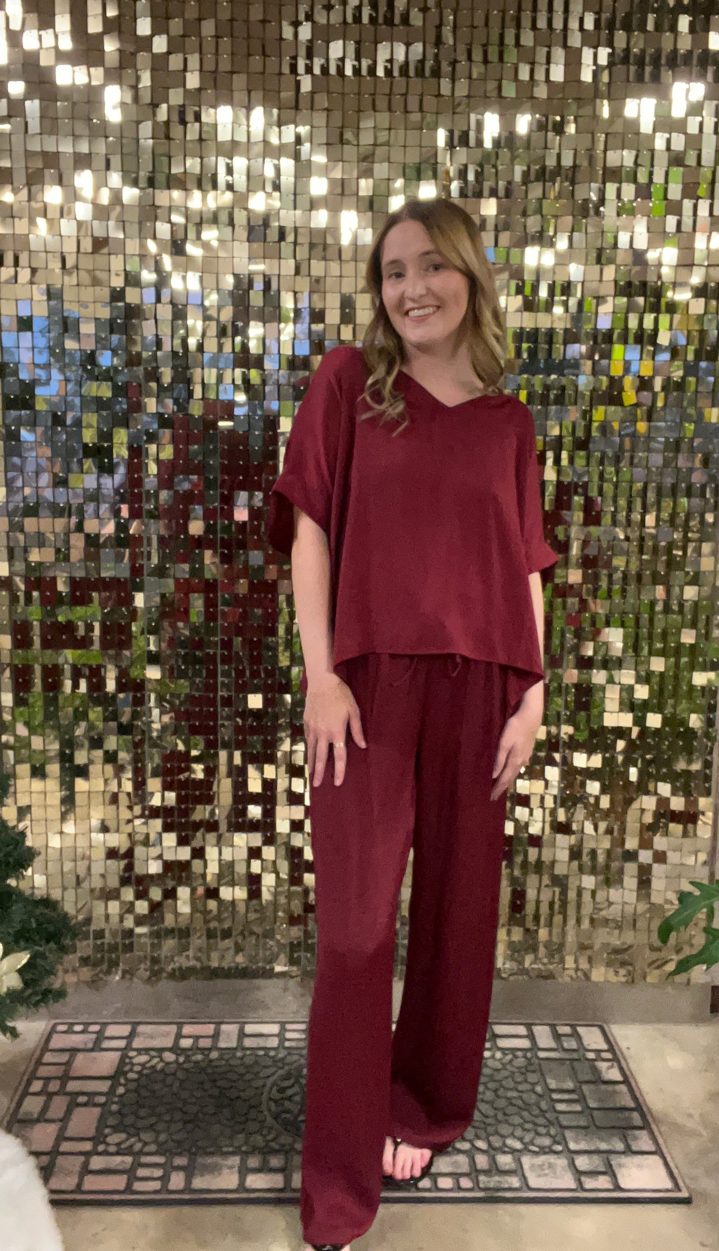 Burgundy Sweet Treat Drawstring Straight Leg Satin Pants
