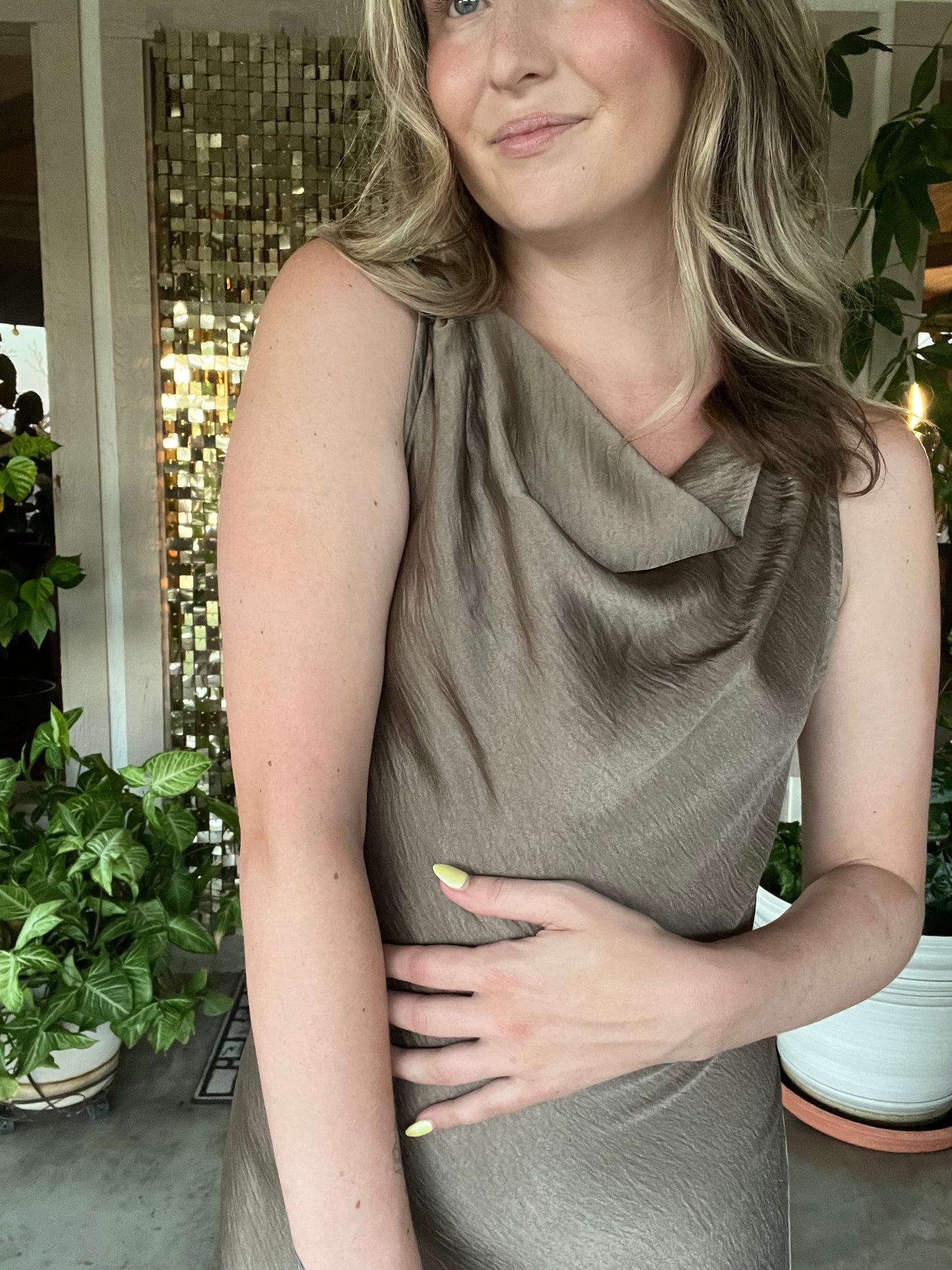 Mocha Satin High Cowl Neck Midi Dress