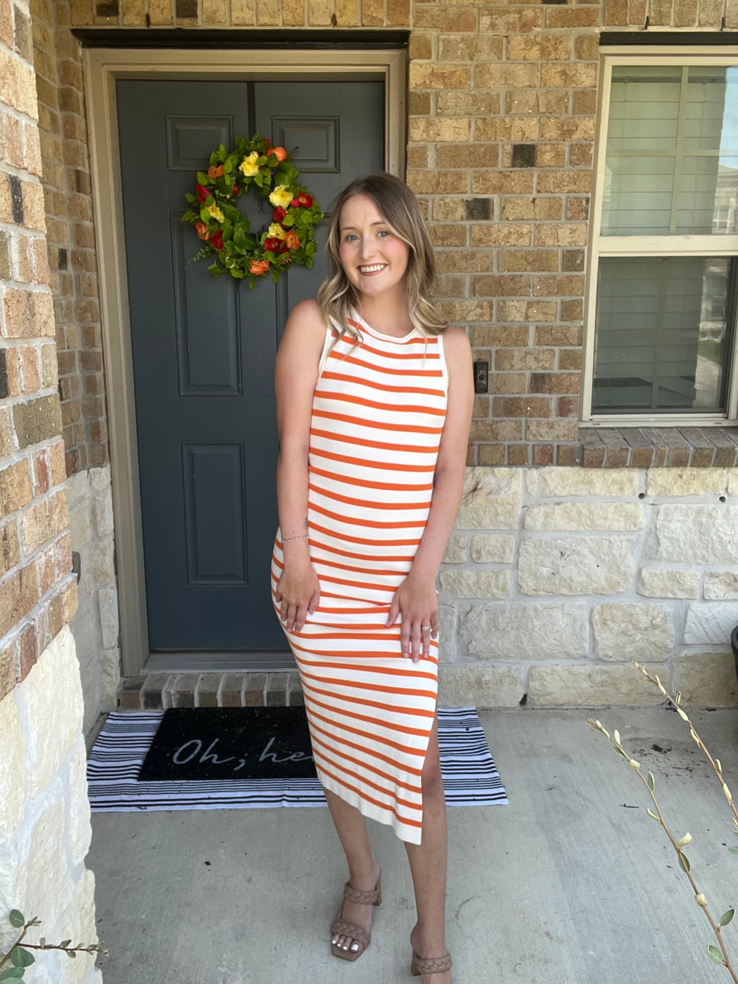 Orange Striped Knit Midi Dress