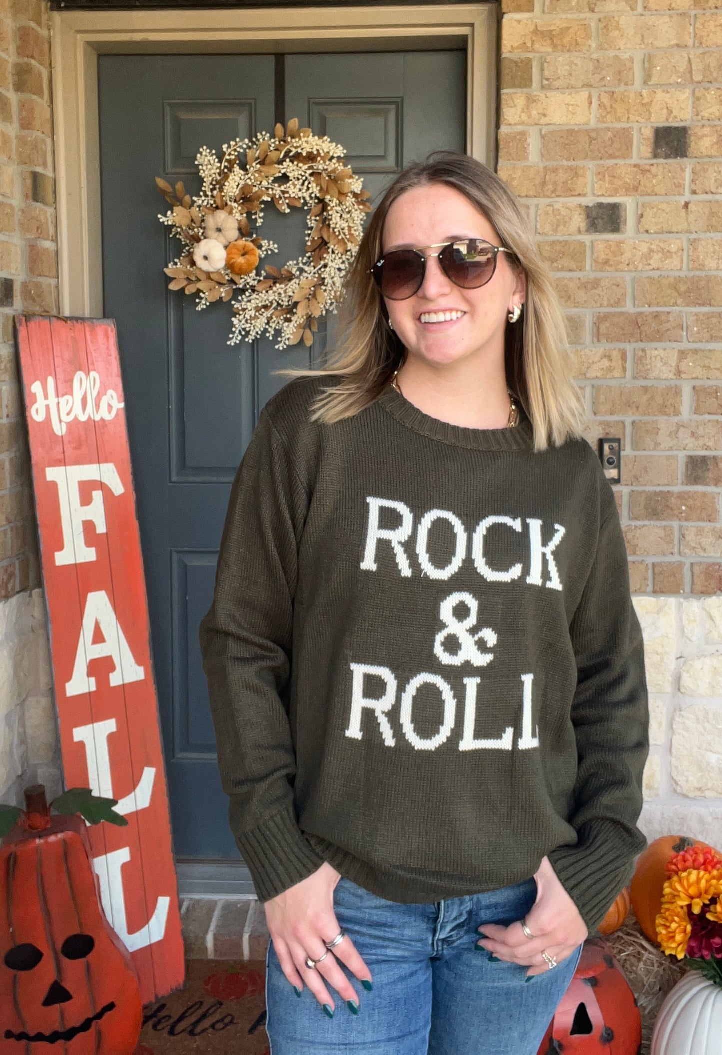 Olive Rock & Roll Stitch Crewneck Sweater