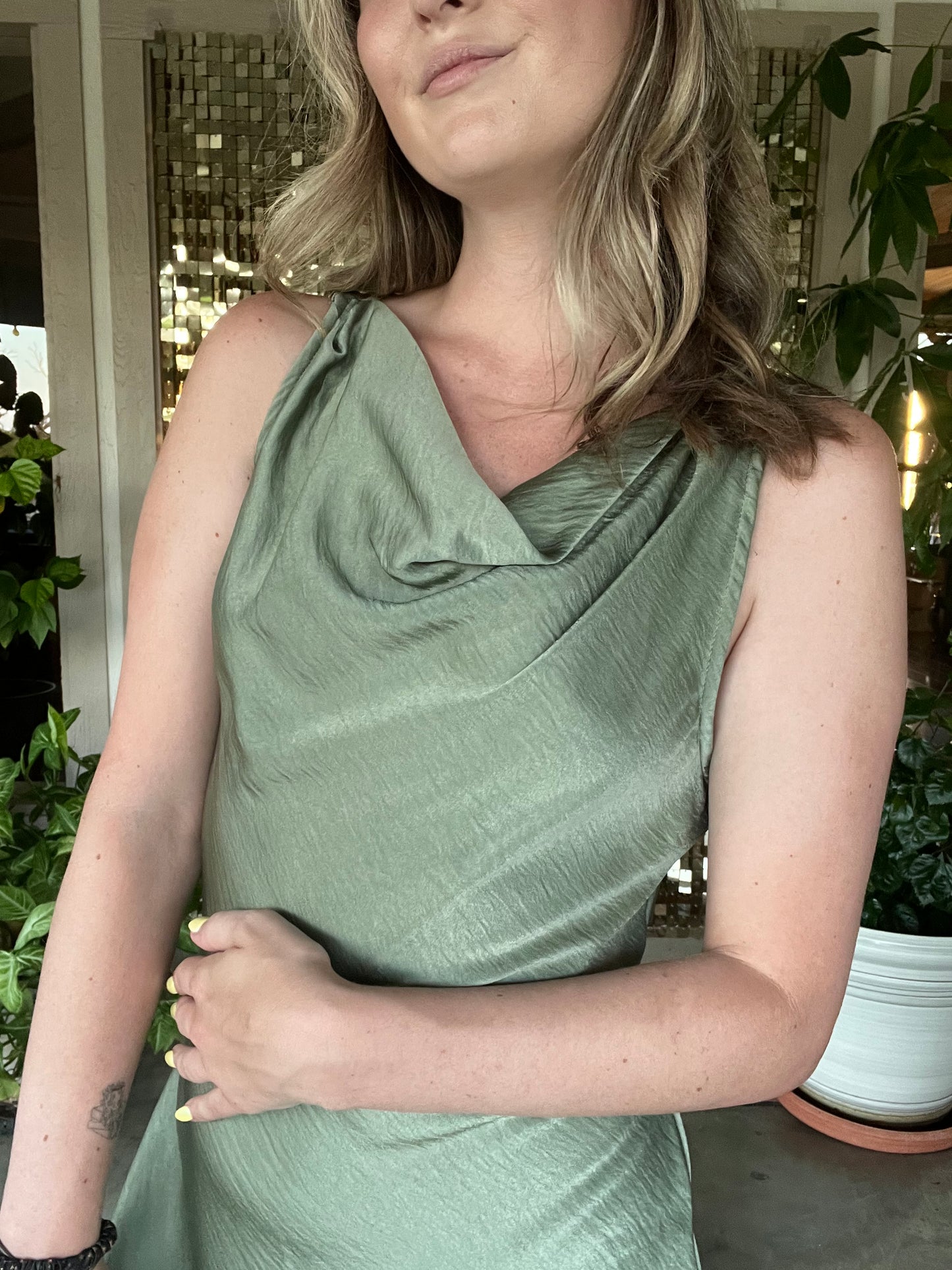 Olive Satin High Neck Cowl Neck Midi Dress