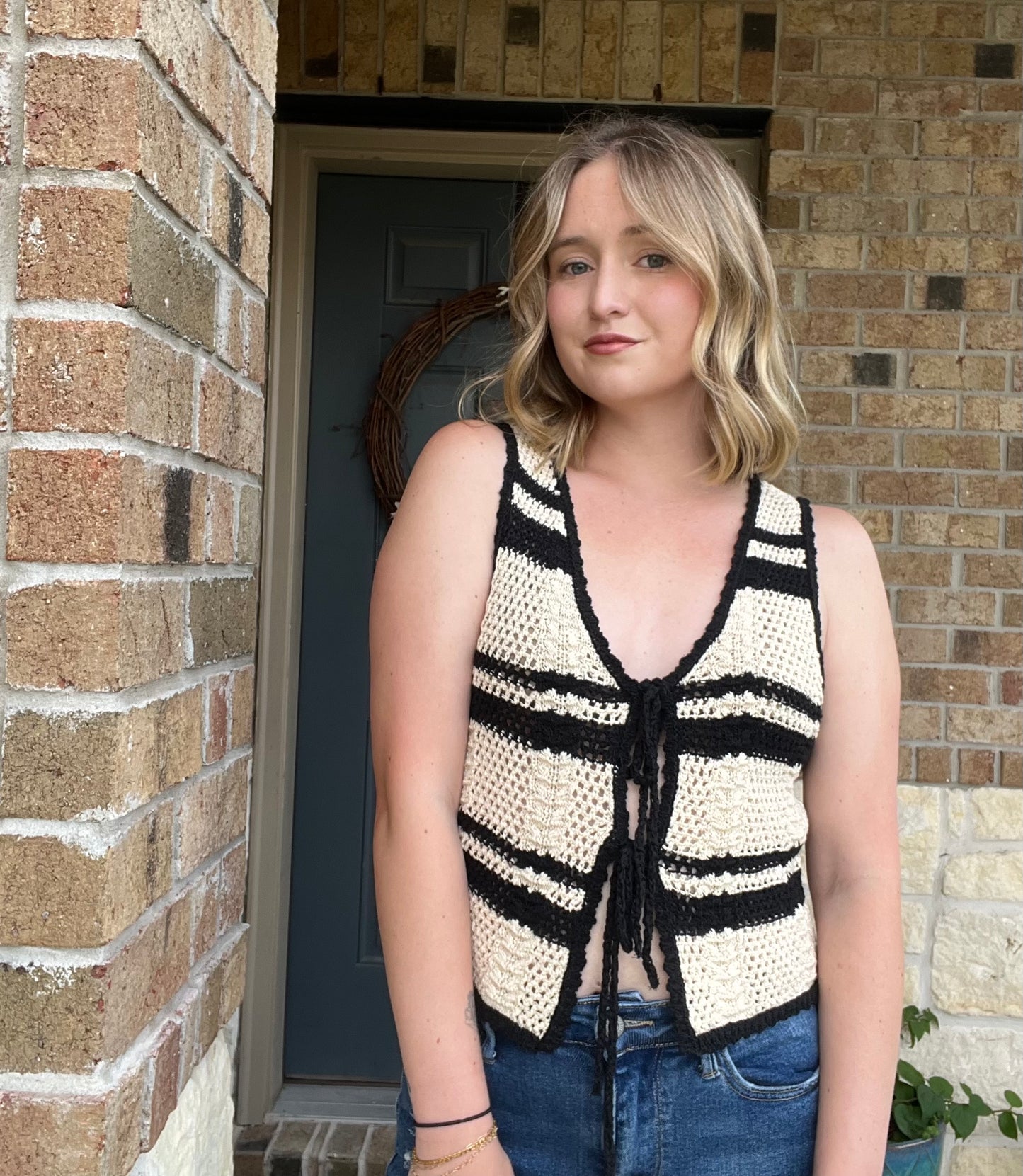 Natural and Black Striped Crochet Knit Front Tie Vest