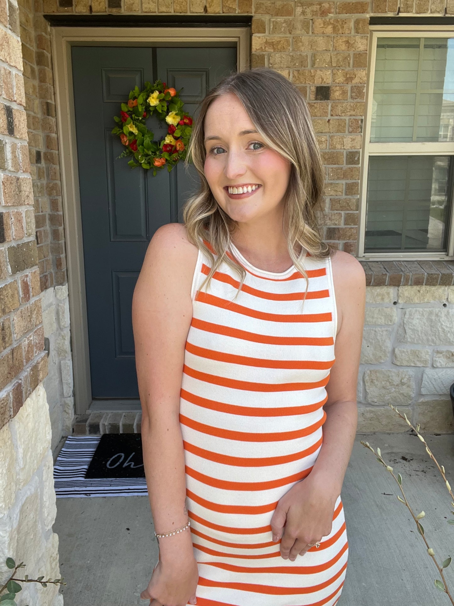 Orange Striped Knit Midi Dress
