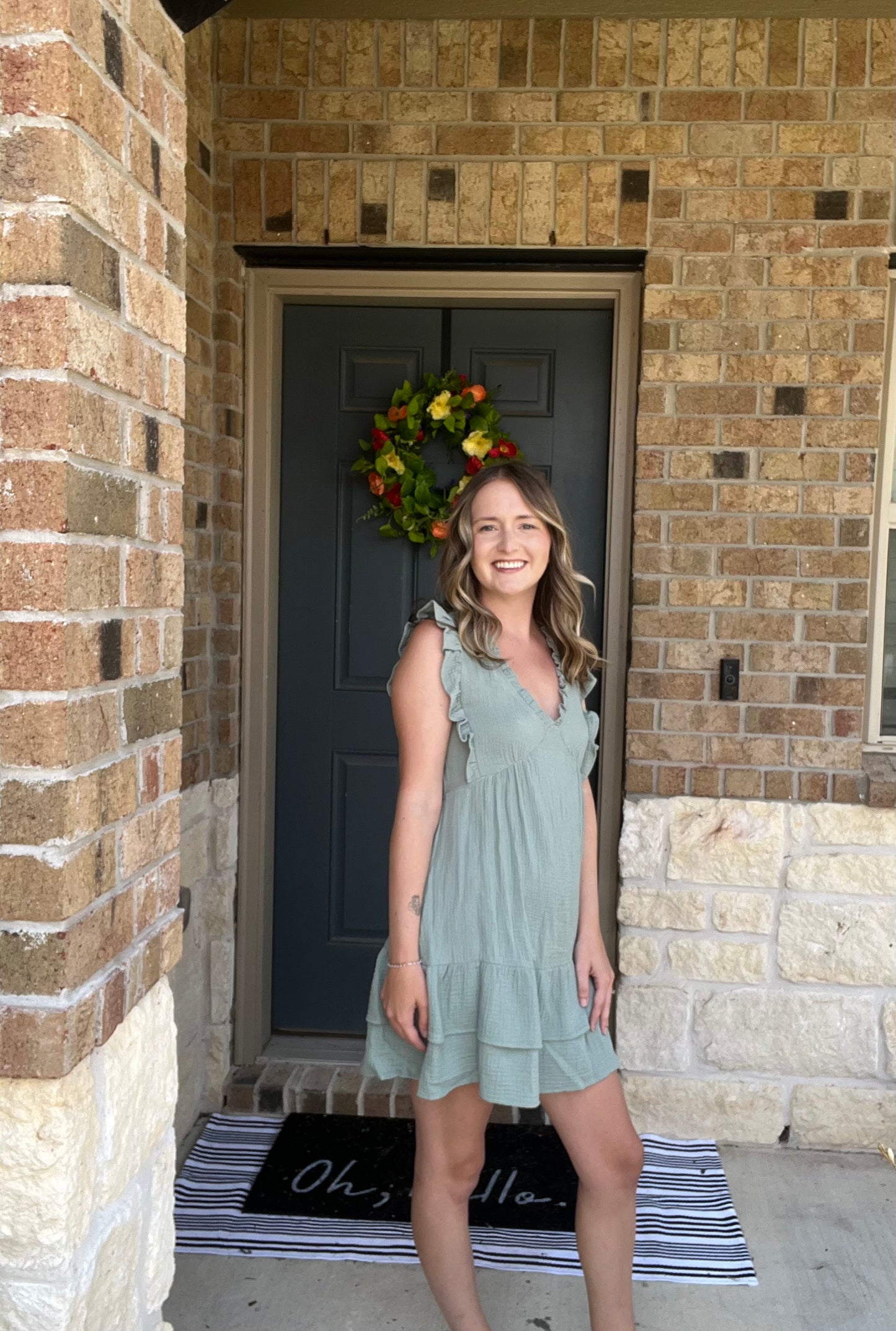 Sage Ruffle Cotton Sleeveless Dress