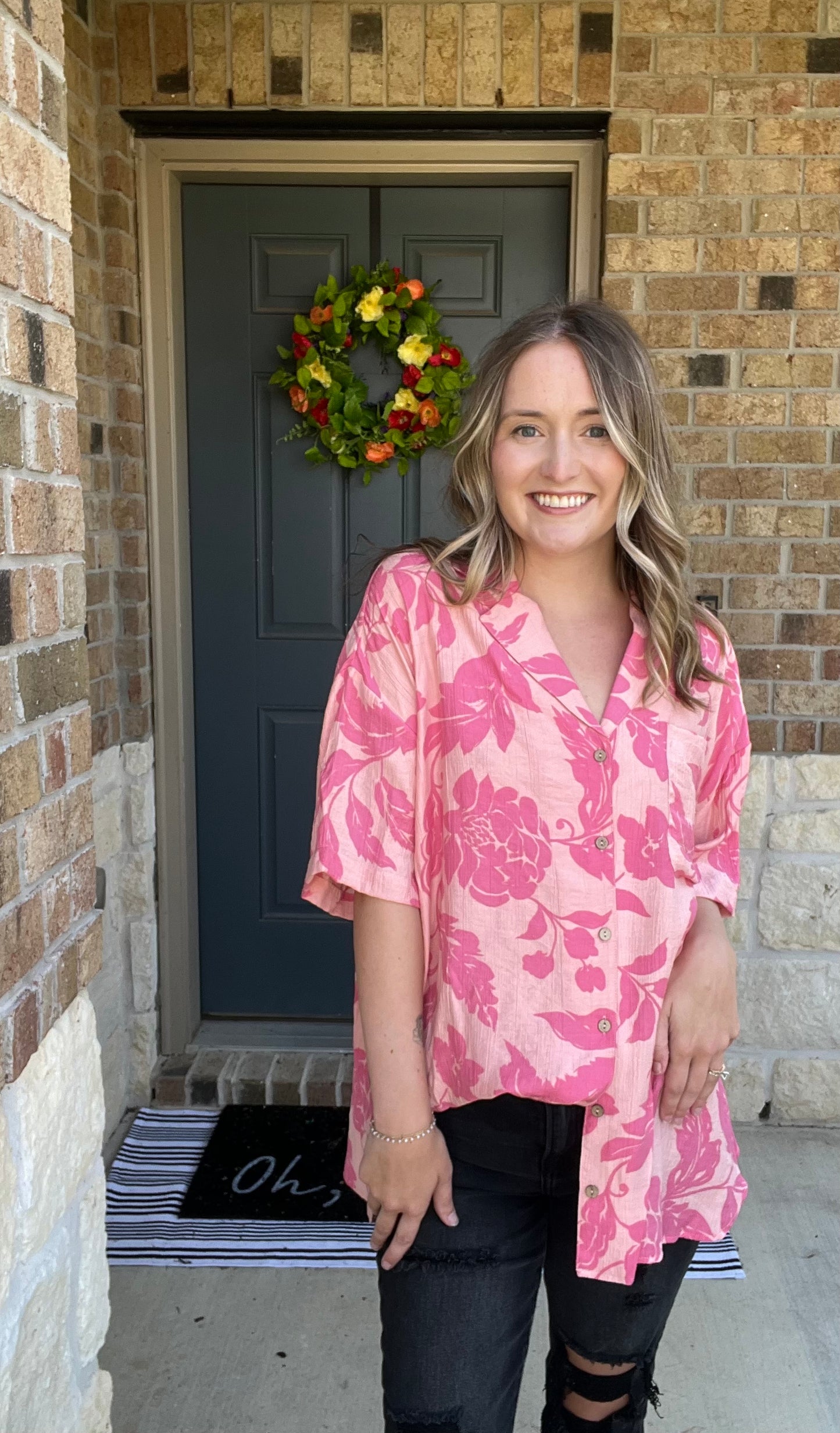 Blush Hawaiian Button Down Short Sleeve Top