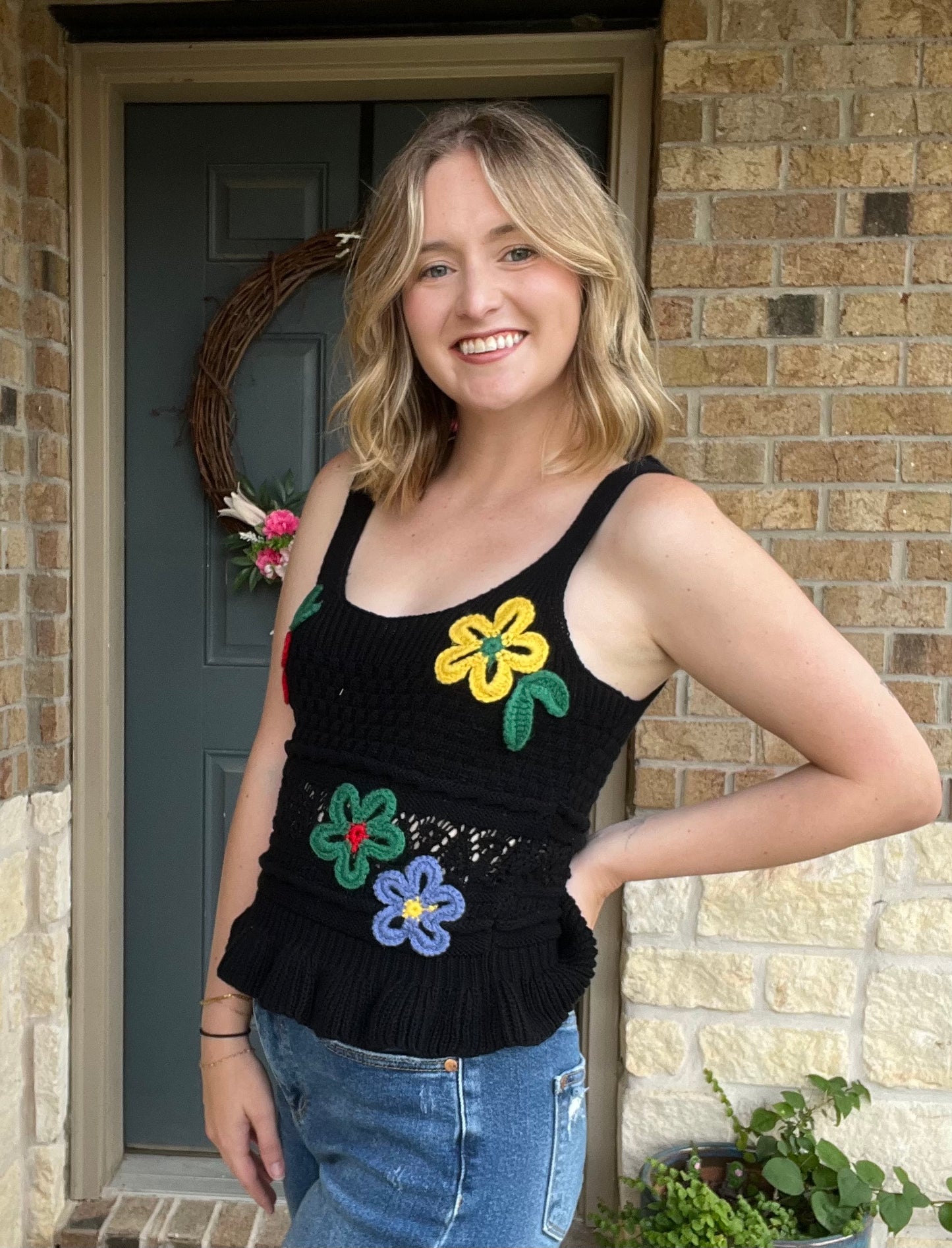 Black Embroidered Floral Scoop Neck Ruffle Hem Knit Top