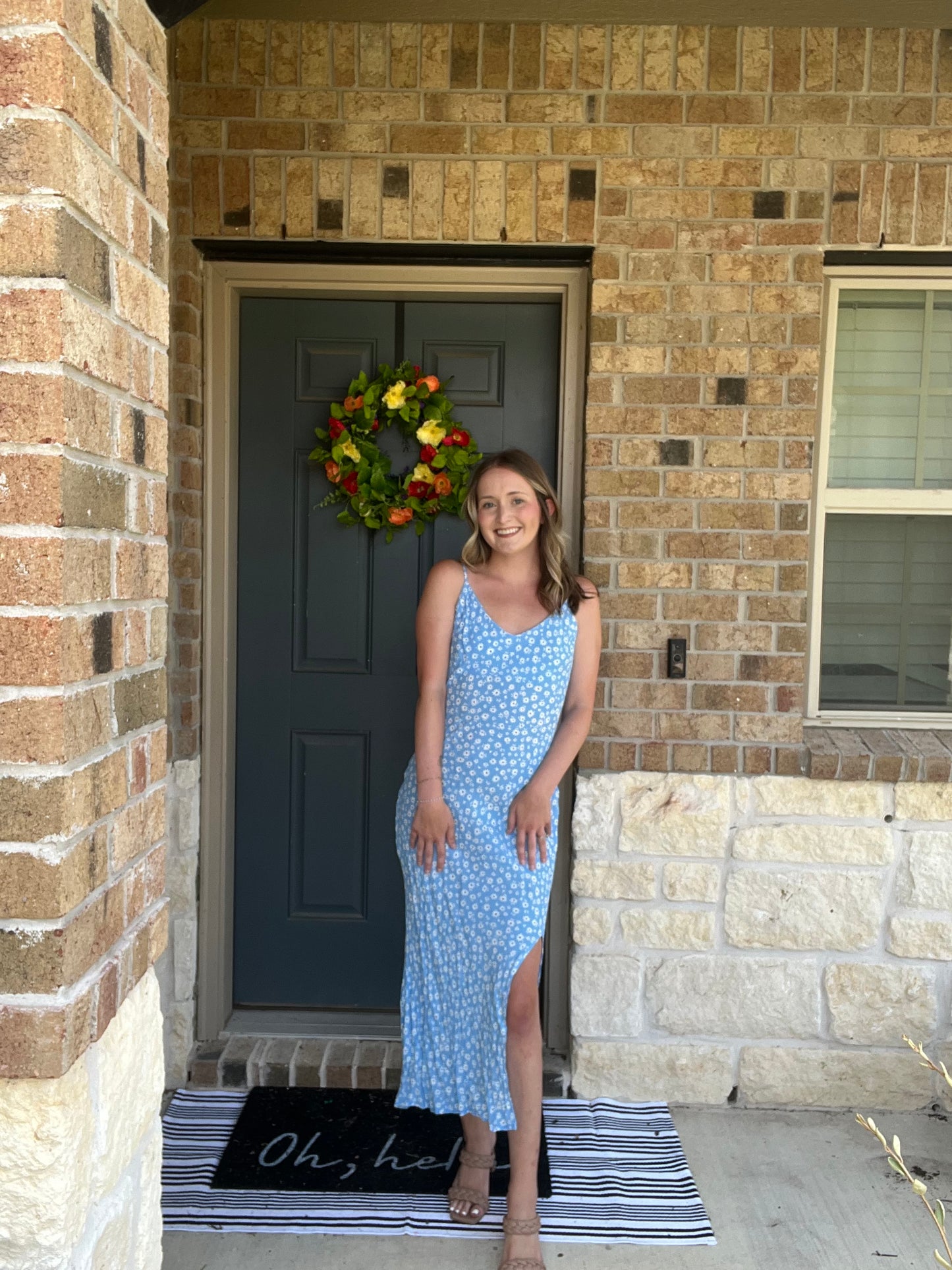 Light Blue Daisy Sleeveless Side Slit Midi Dress