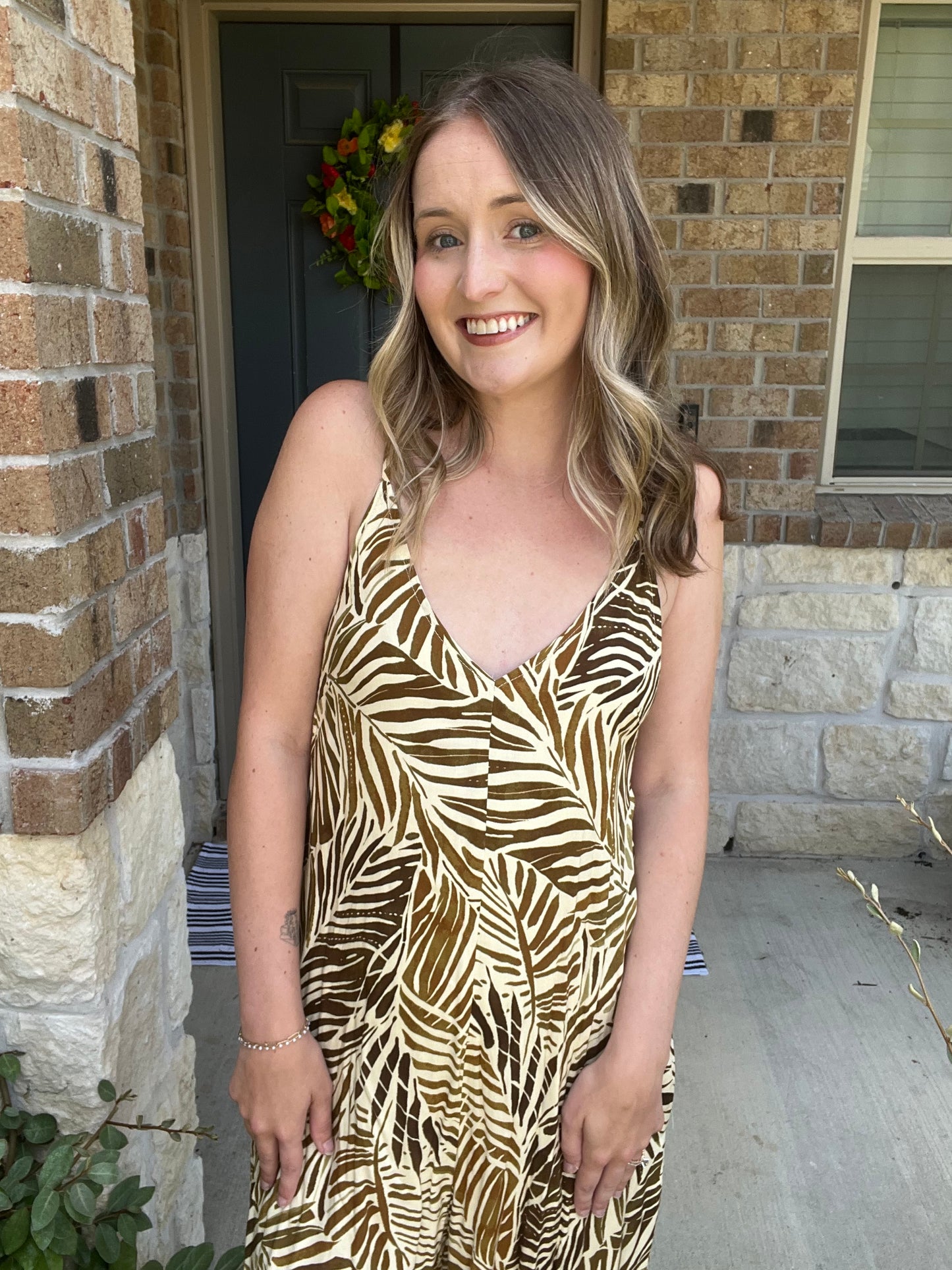 Tan Tropical Sleeveless Midi Jumpsuit