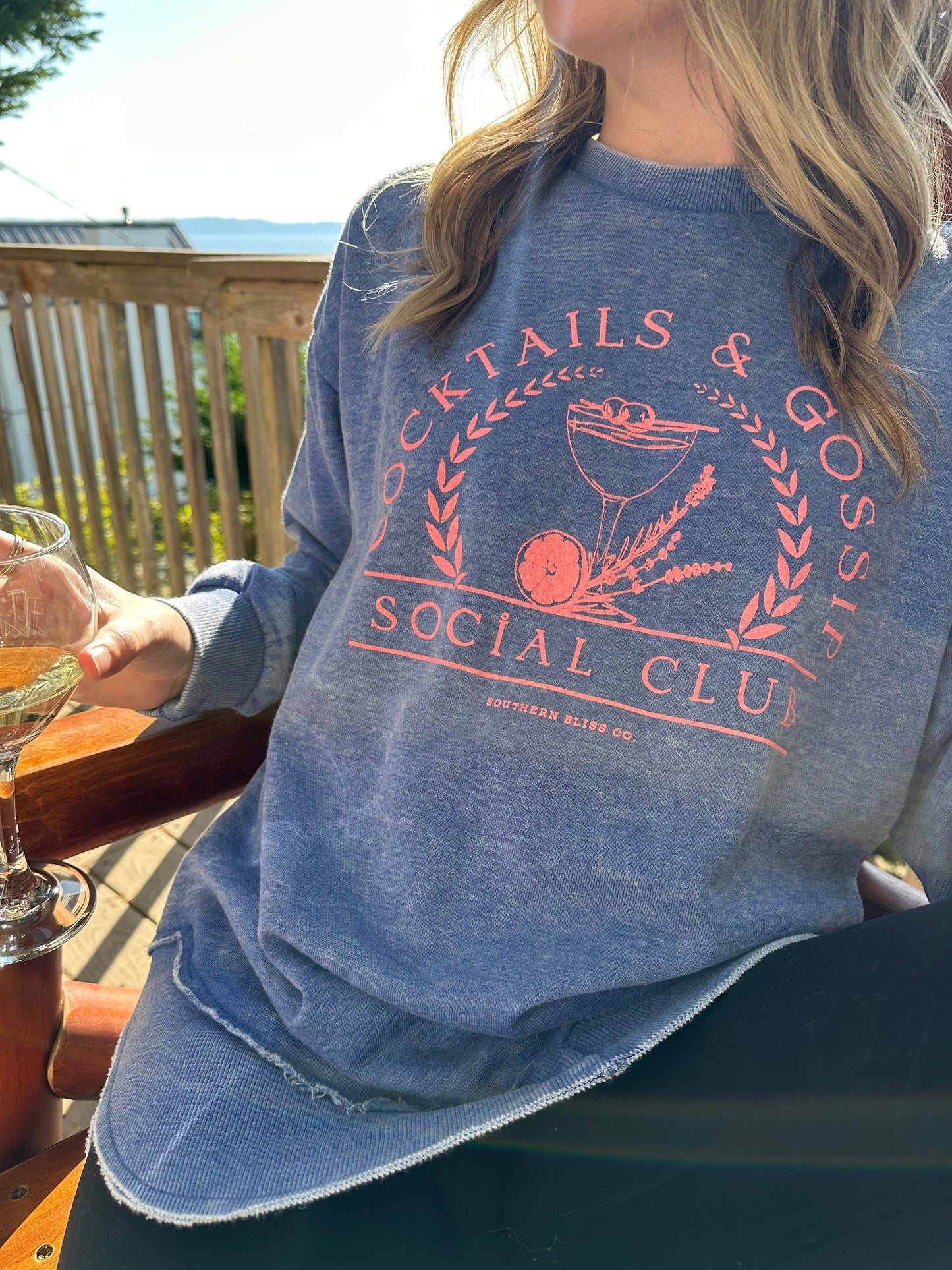 “Cocktails and Gossip” Acid Wash Pullover
