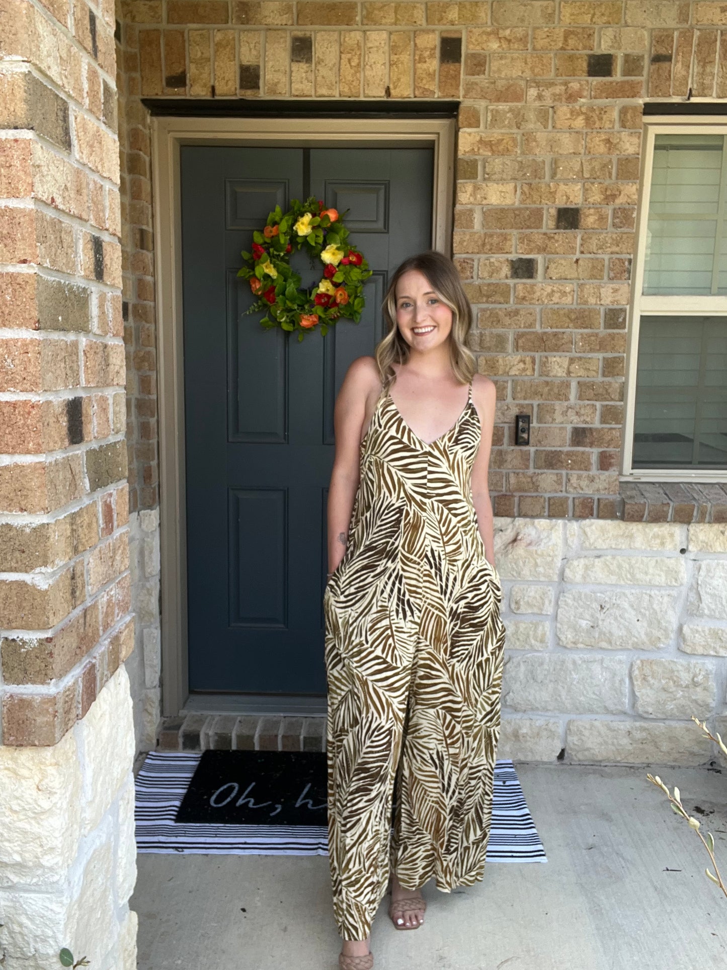 Tan Tropical Sleeveless Midi Jumpsuit