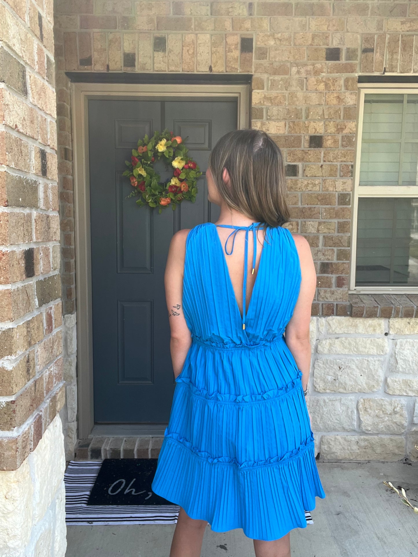 Electric Blue Fluted Ruffle Tie Back Dress