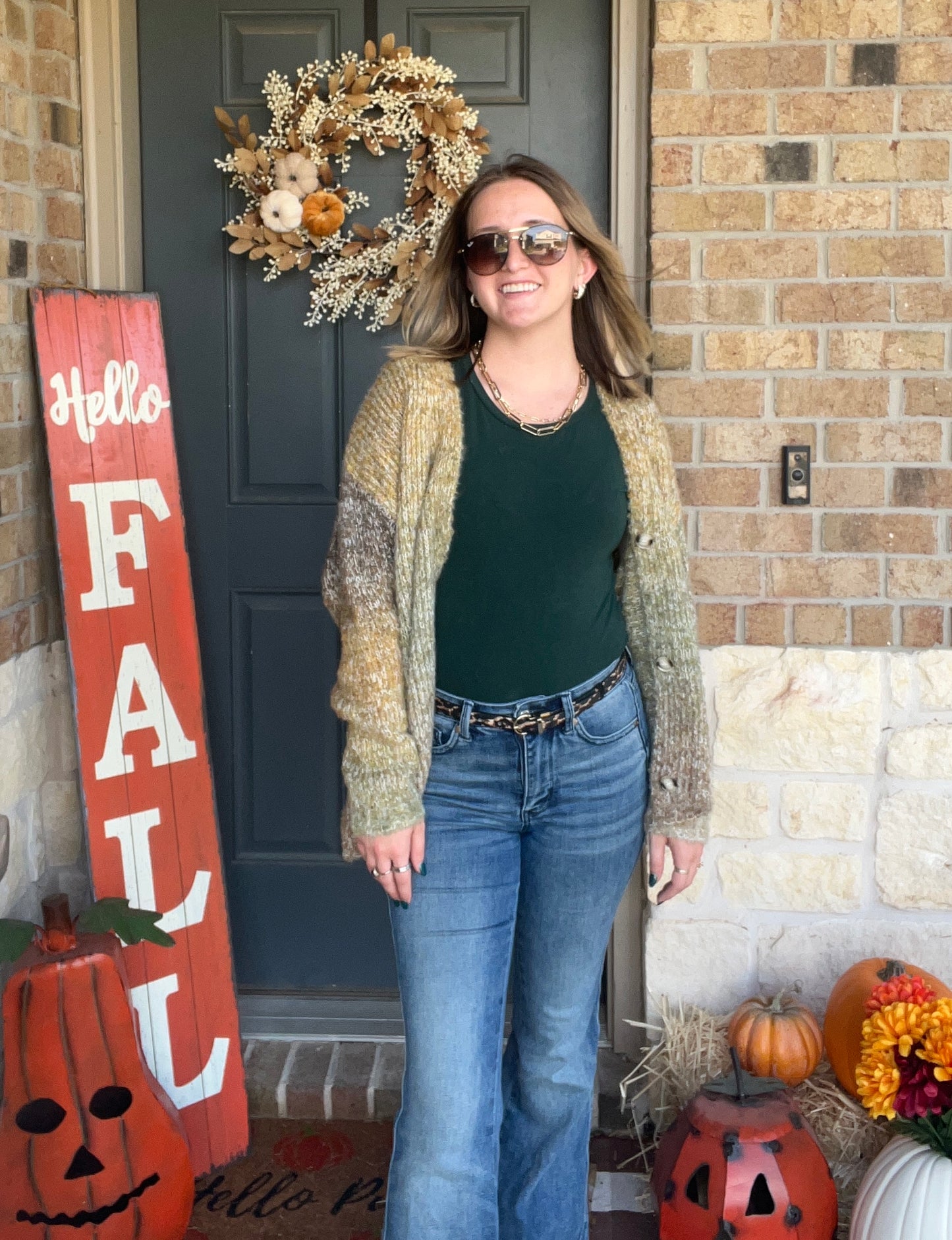 Olive Brown Smiley Ombre Fuzzy Knit Cardigan