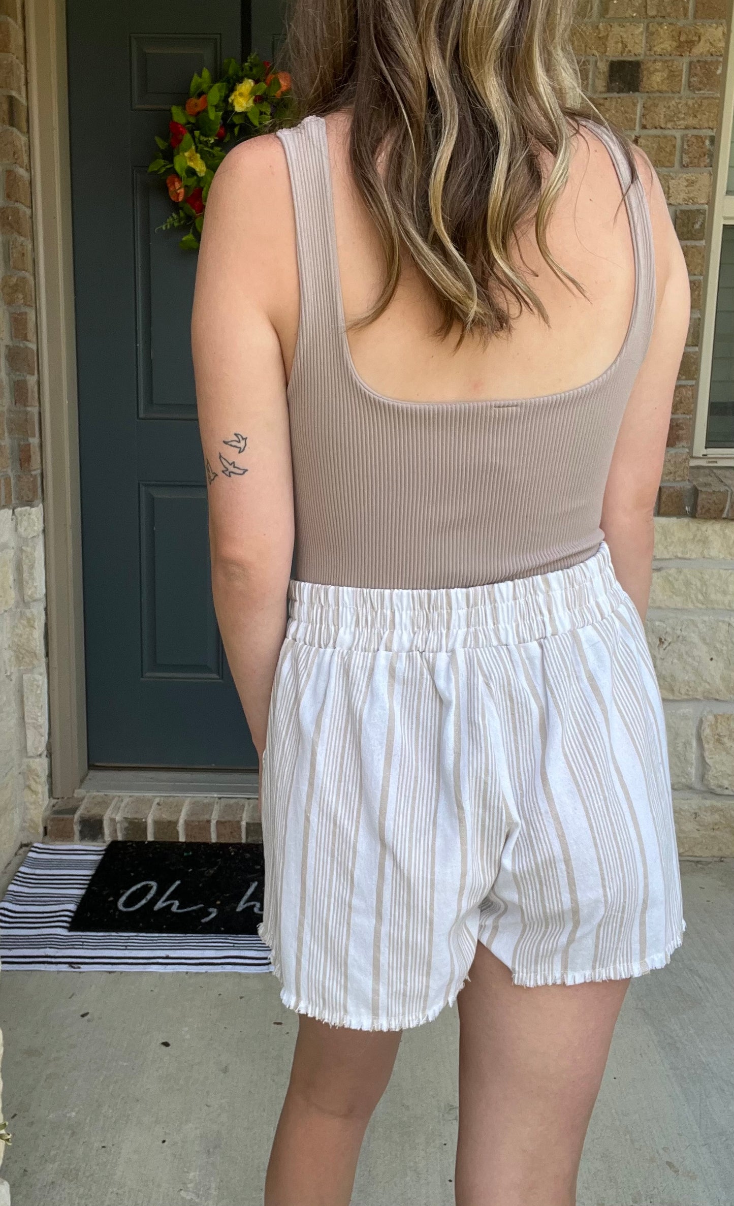 Cream and Khaki Striped Linen Shorts