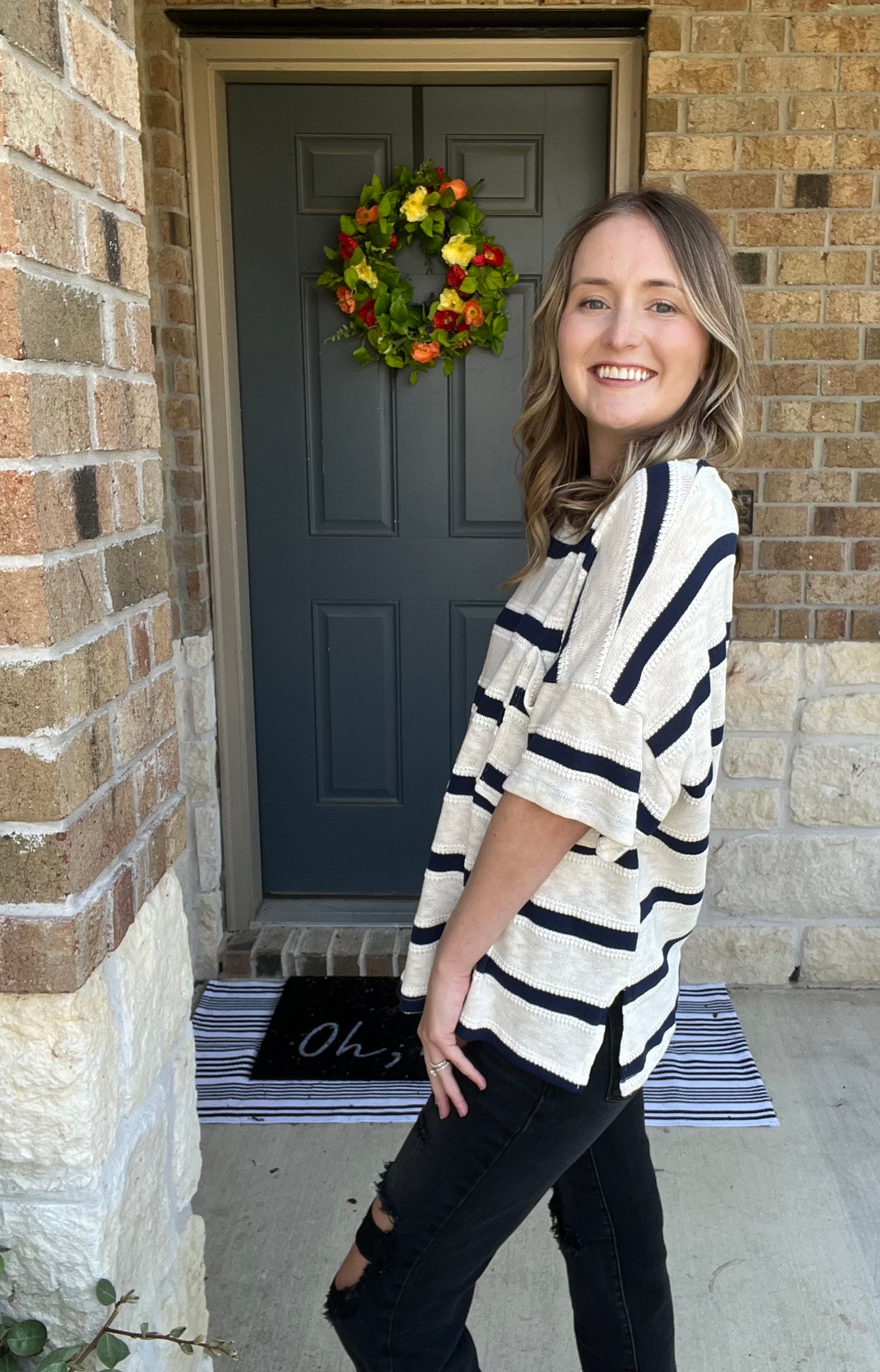 Navy and Cream Striped Knit Relaxed Tee