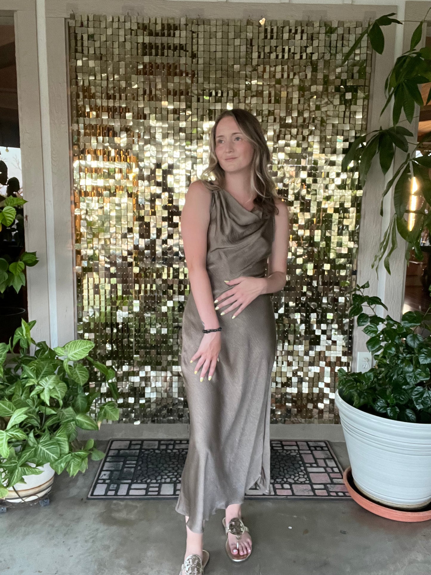 Mocha Satin High Cowl Neck Midi Dress