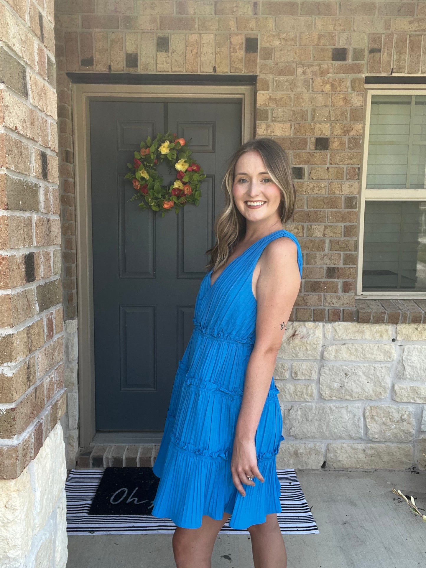 Electric Blue Fluted Ruffle Tie Back Dress