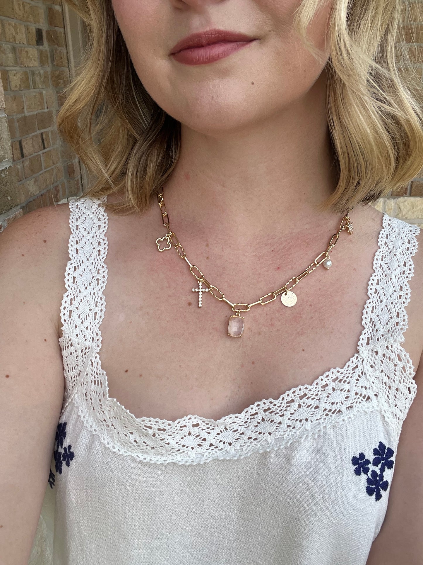 Gold Chain Charm Necklace with Crystal, Coin, and Cross Charm