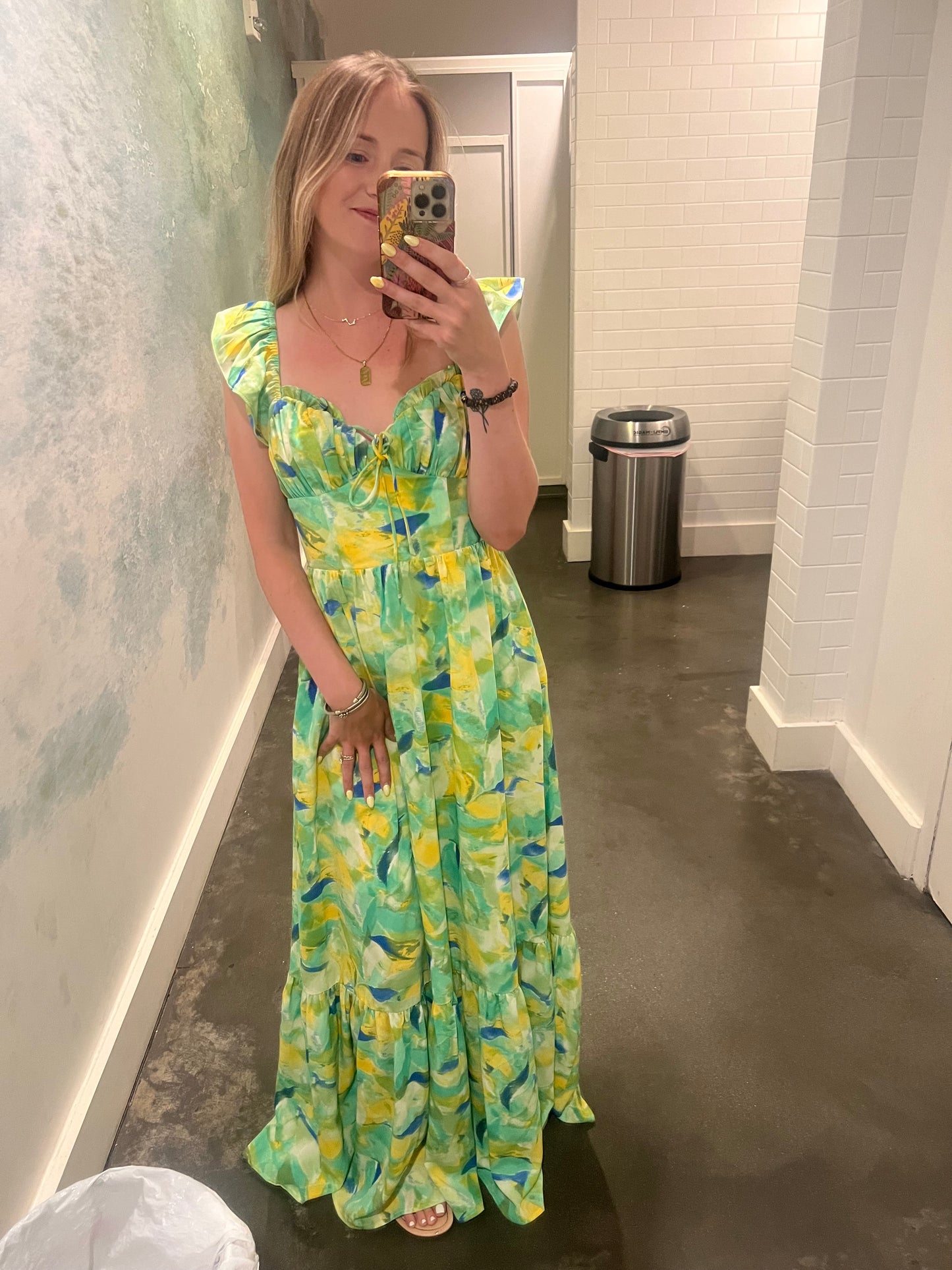 Green Paint Stroke Baby Doll Maxi Dress