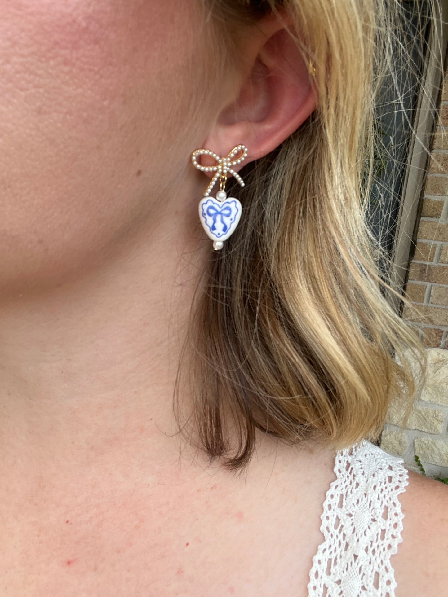 Gold Open Bow Stud with Blue and White Ceramic Heart Drop Earrings