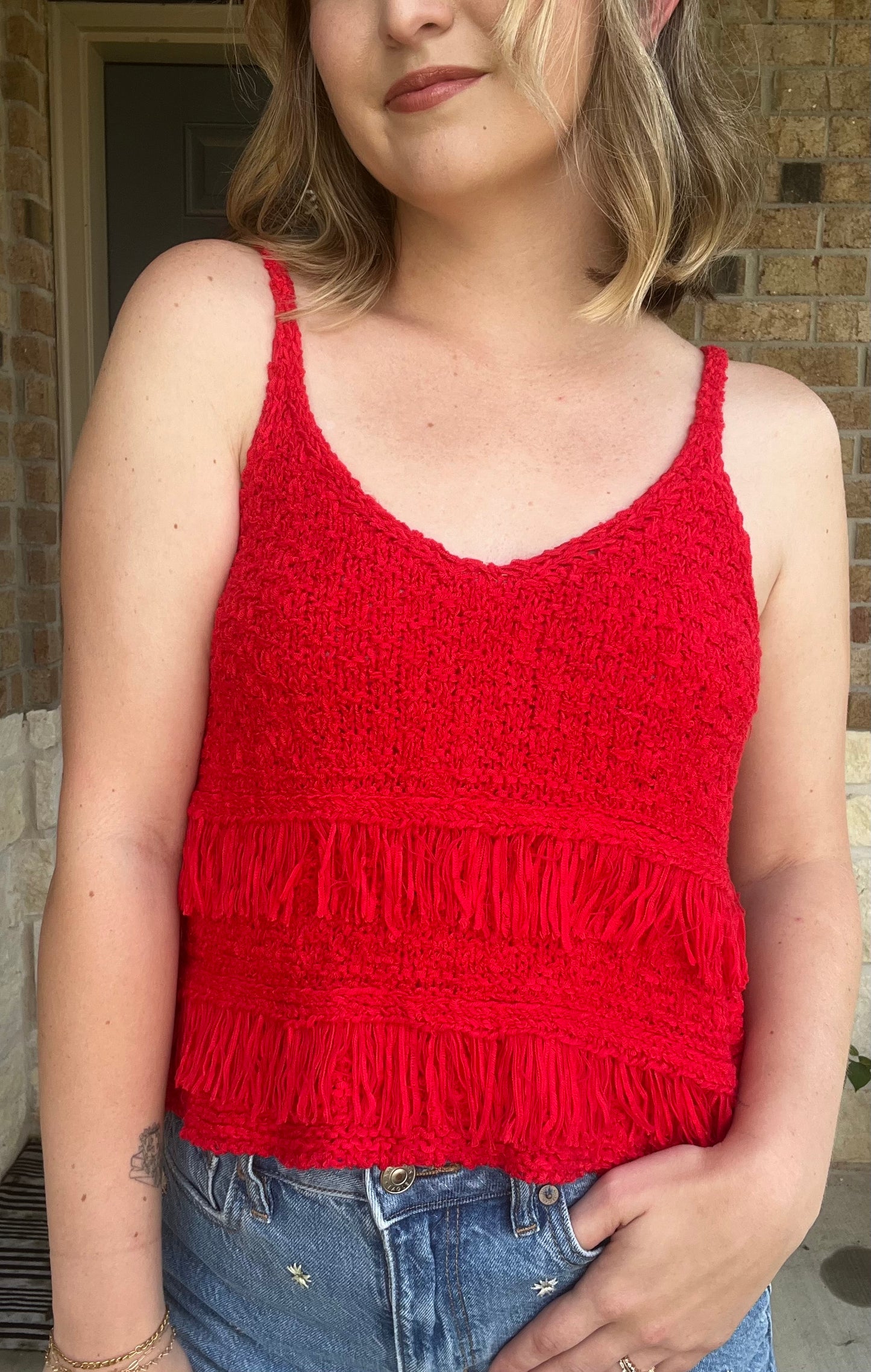 Red Lucie Fringe Knitted Tassel Tank