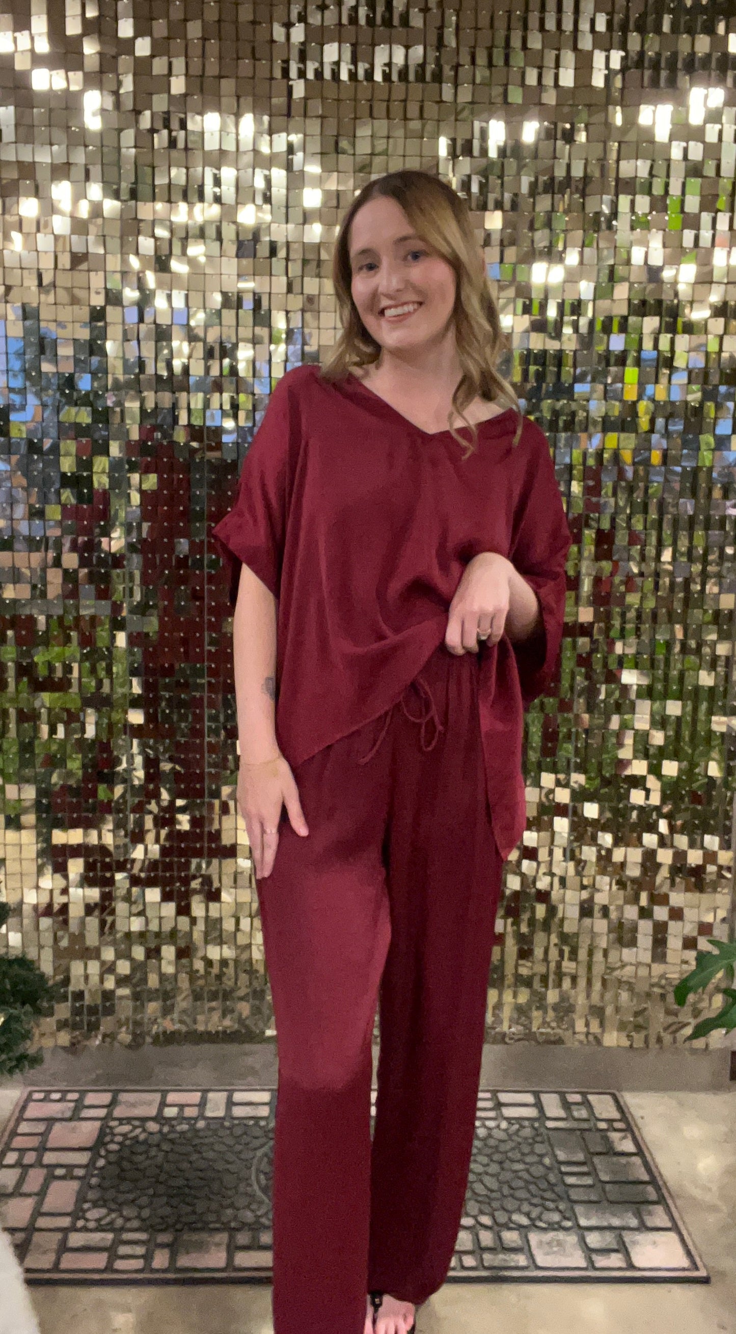 Burgundy Sweet Treat Drawstring Straight Leg Satin Pants