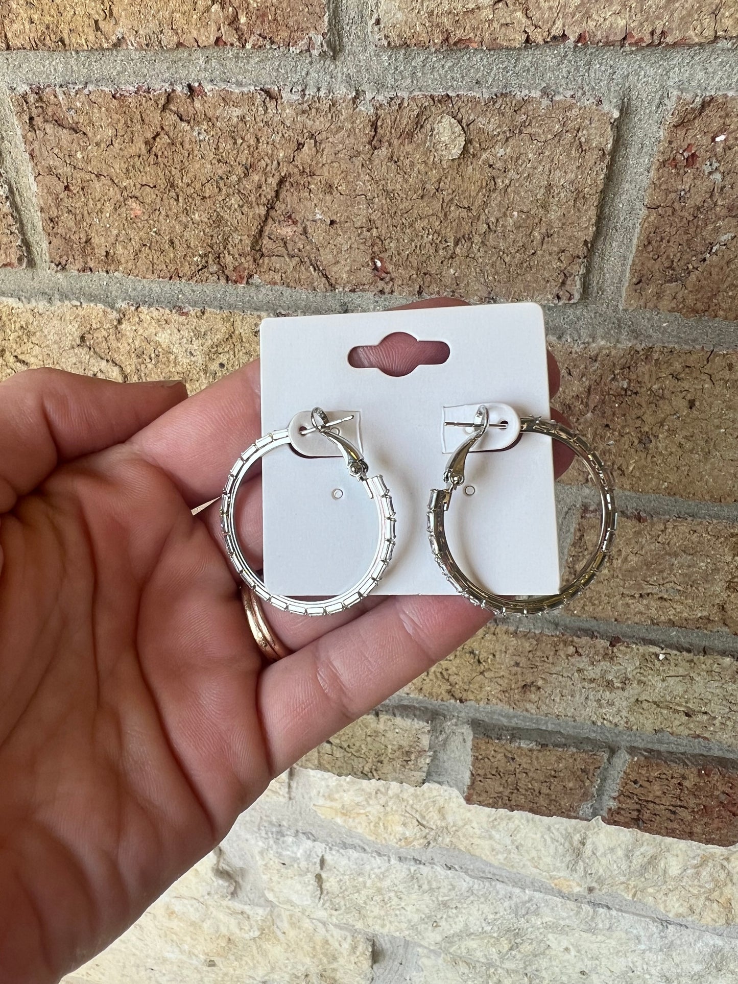 Medium Silver Hoops with Rectangular Gems