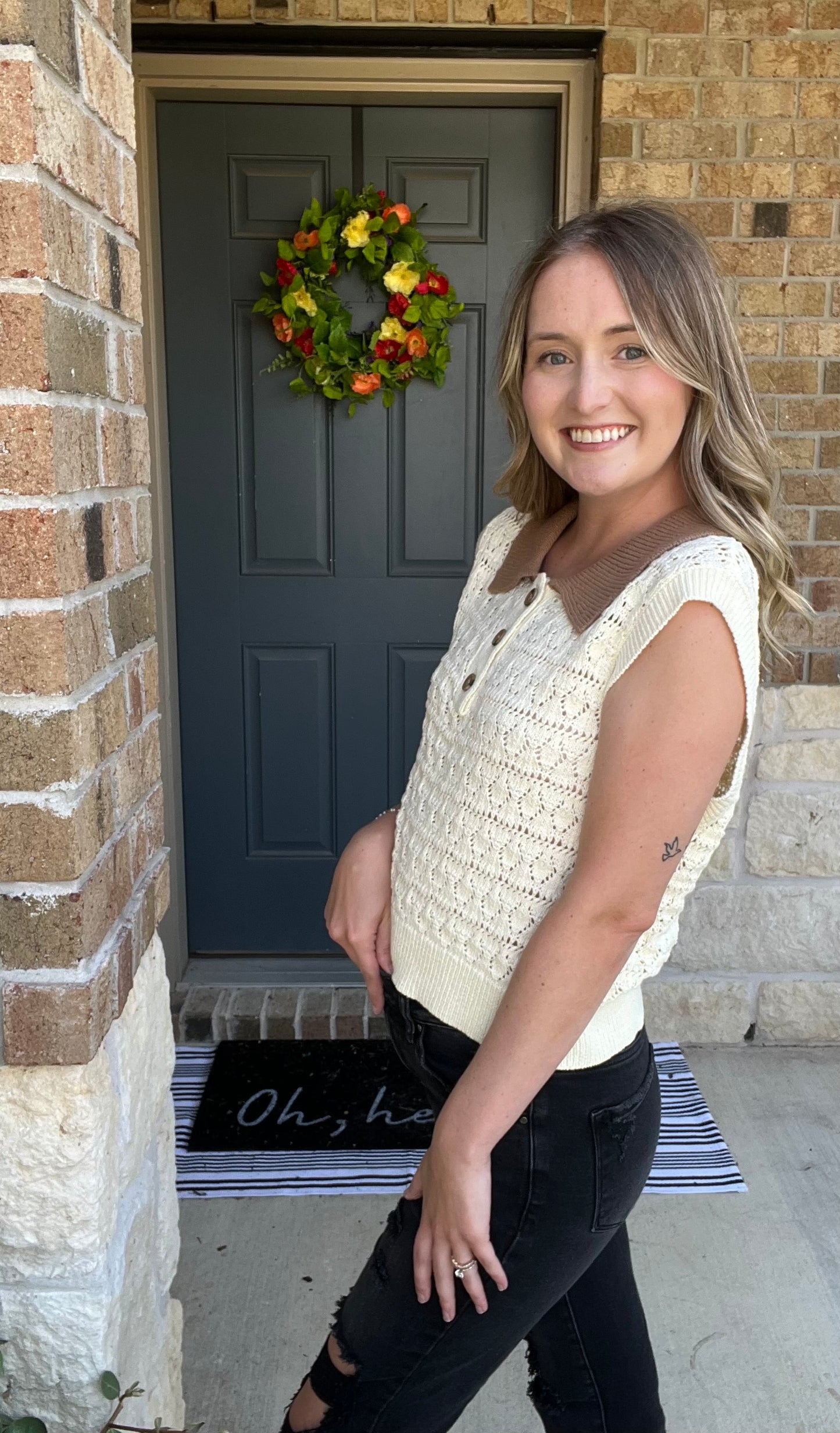 Ivory and Tan Sleeveless Collared Sweater