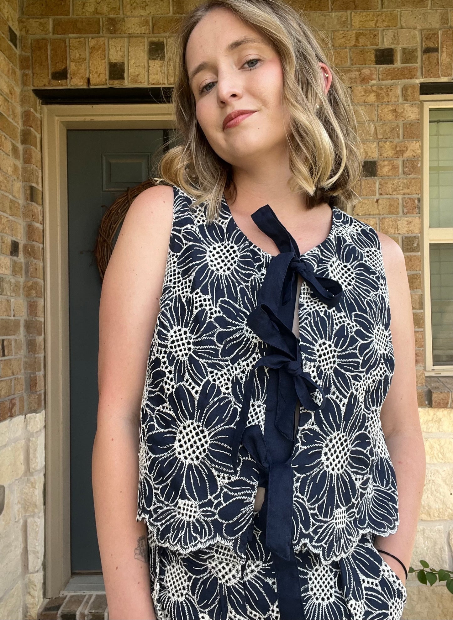 Navy White Floral Embroidered Bow Tie Front Top