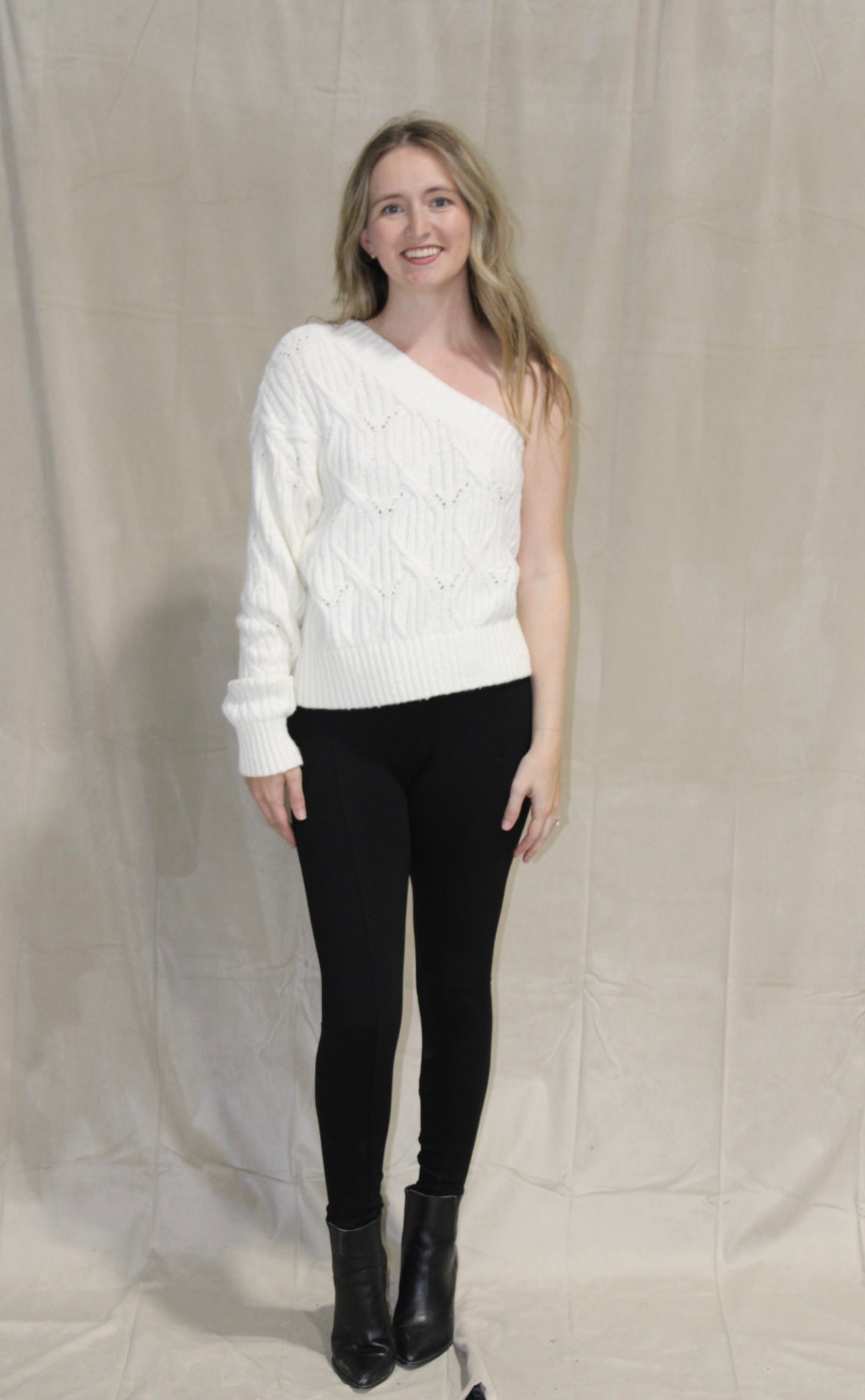 One Shoulder Cable Knit White Sweater
