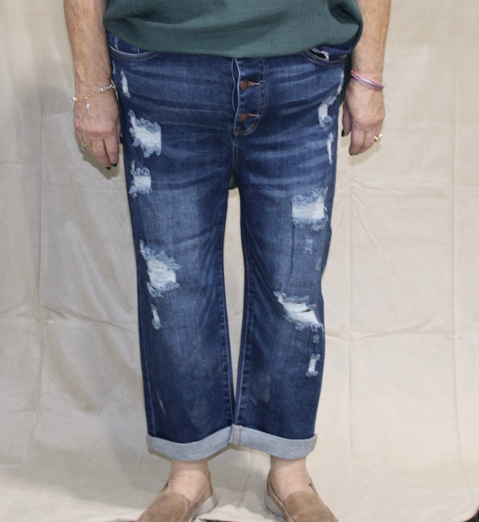 Risen Plus Mid Rise Button Fly Distressed Capri Jeans