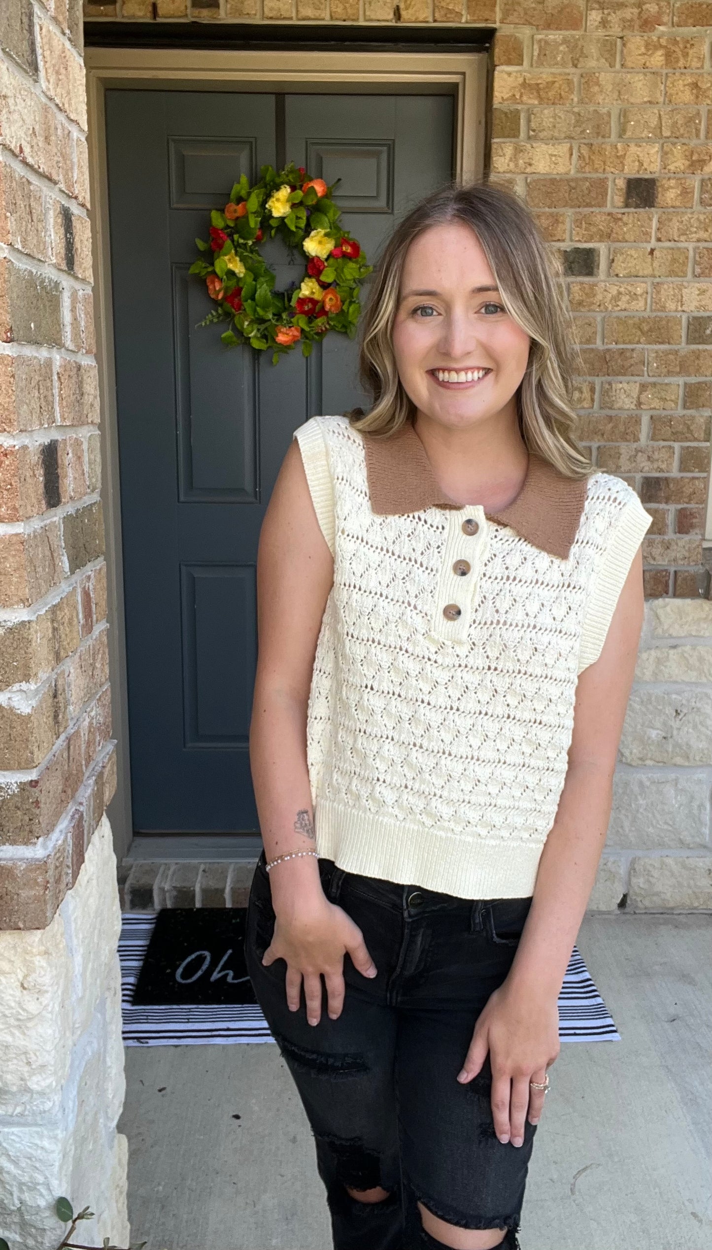 Ivory and Tan Sleeveless Collared Sweater