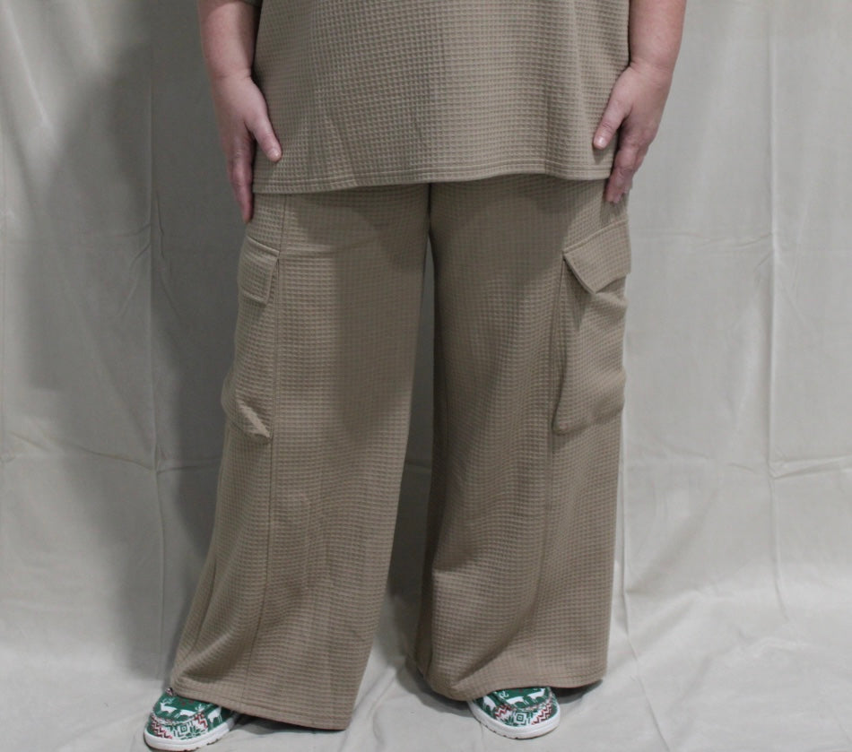 Taupe Waffle Print Cargo Pocket Pants