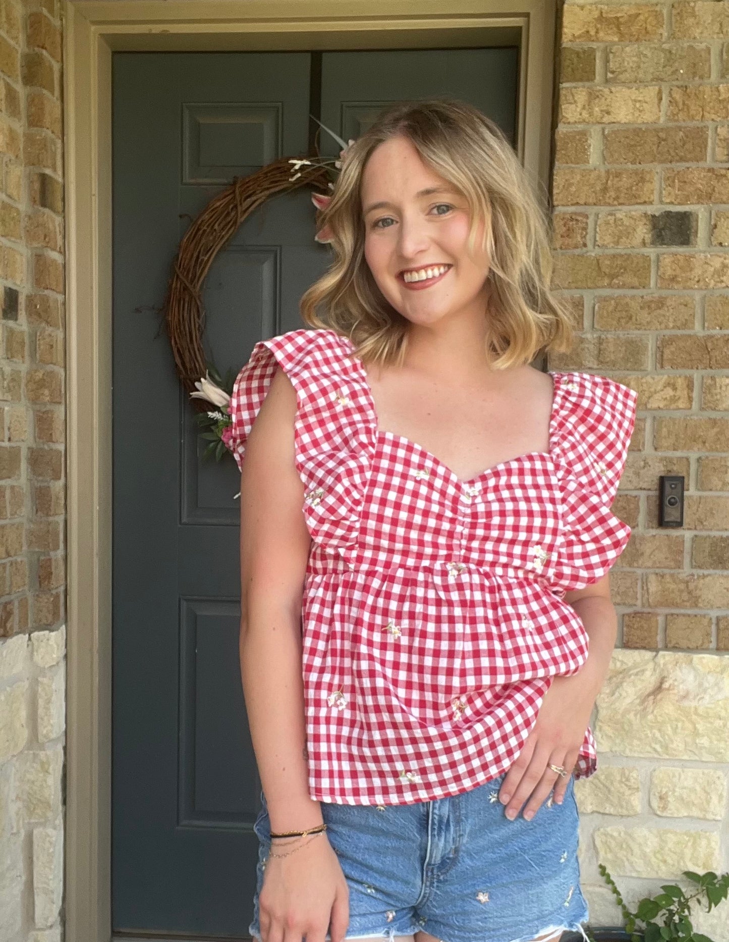 Red Gingham Floral Print Sleeveless Top