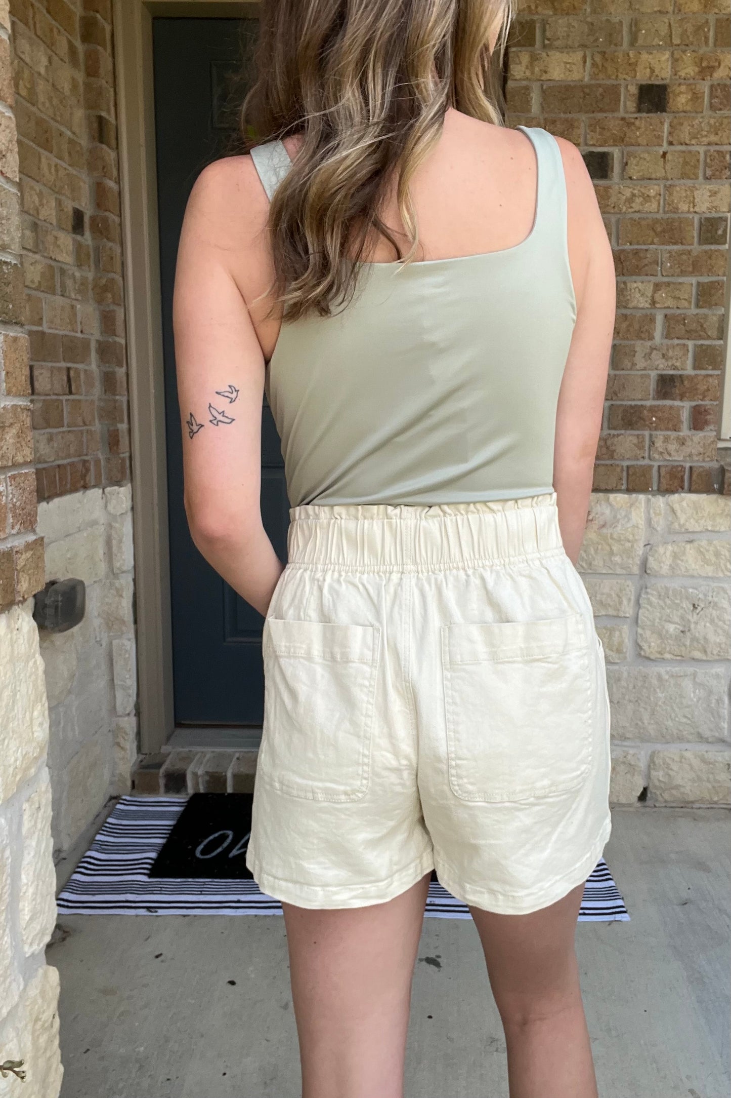 Ecru Canvas High Waisted Button Up Shorts