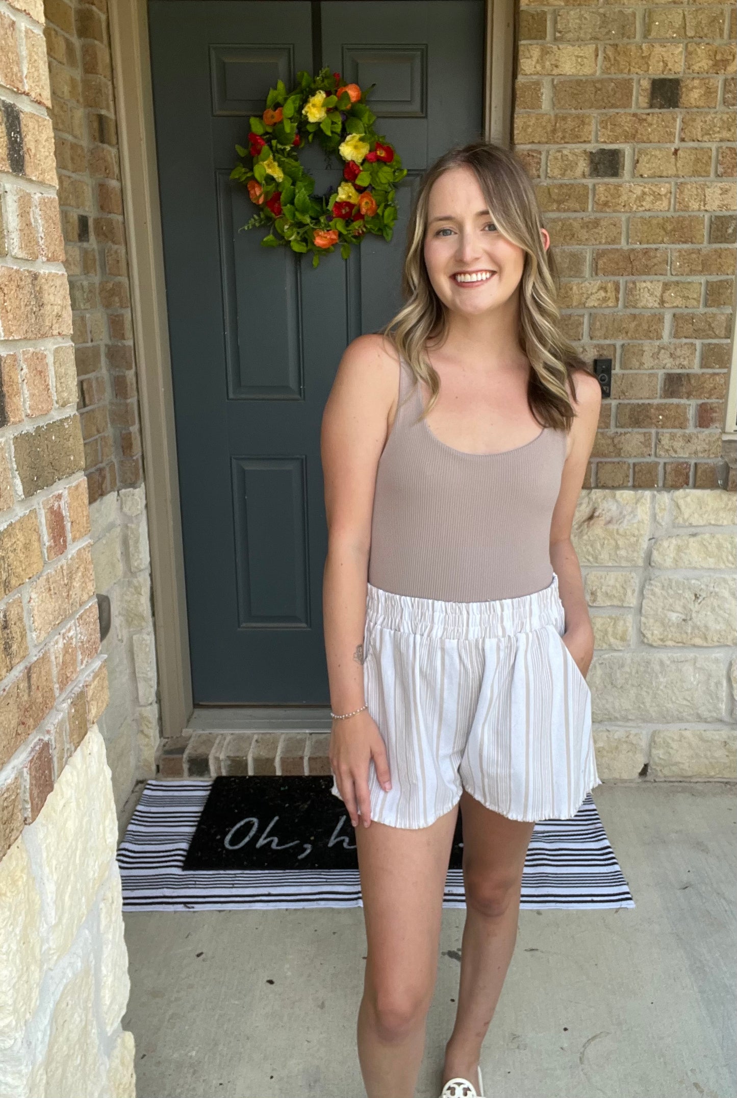 Cream and Khaki Striped Linen Shorts