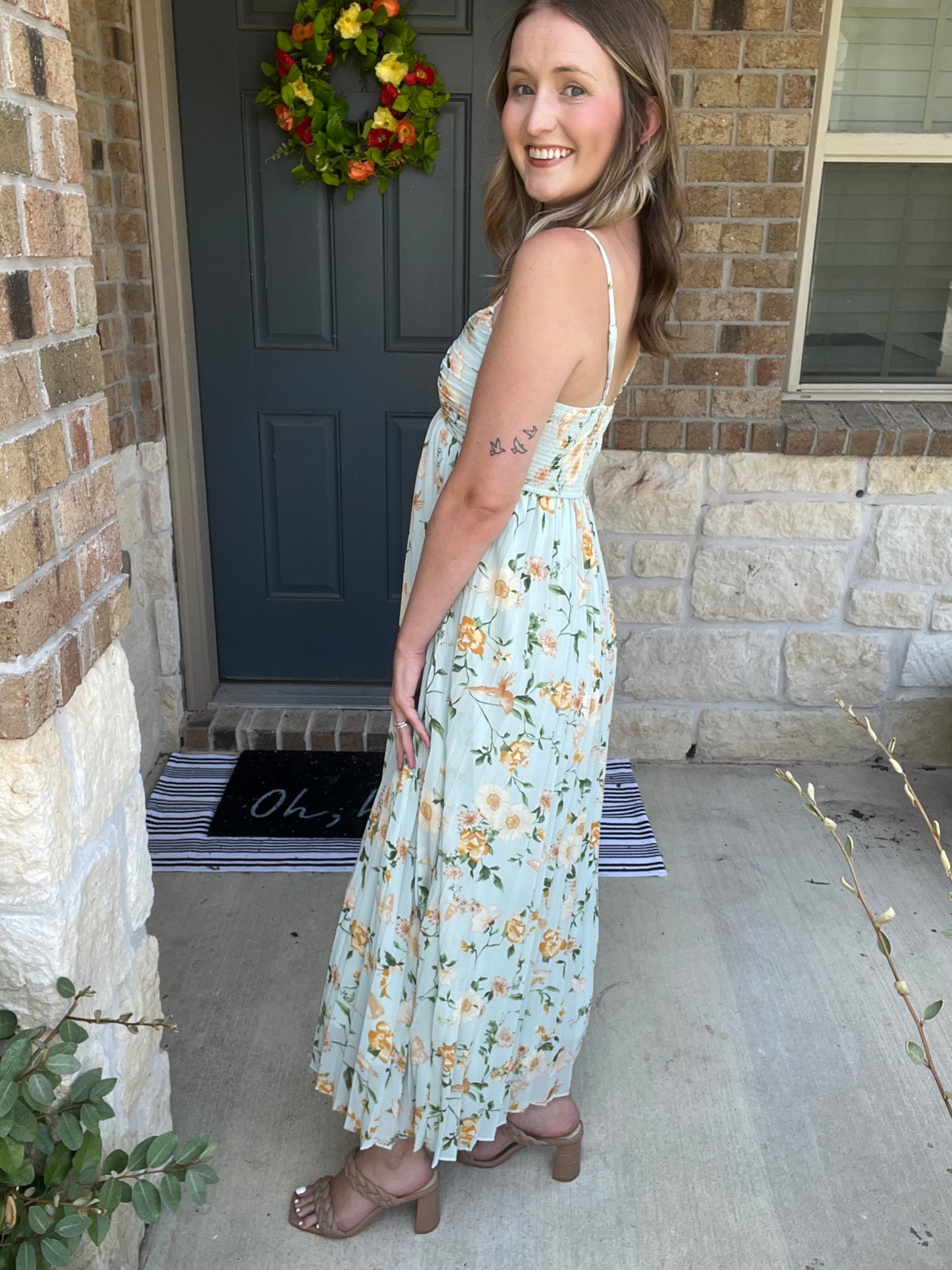 Light Sage Fluted Floral Maxi Dress
