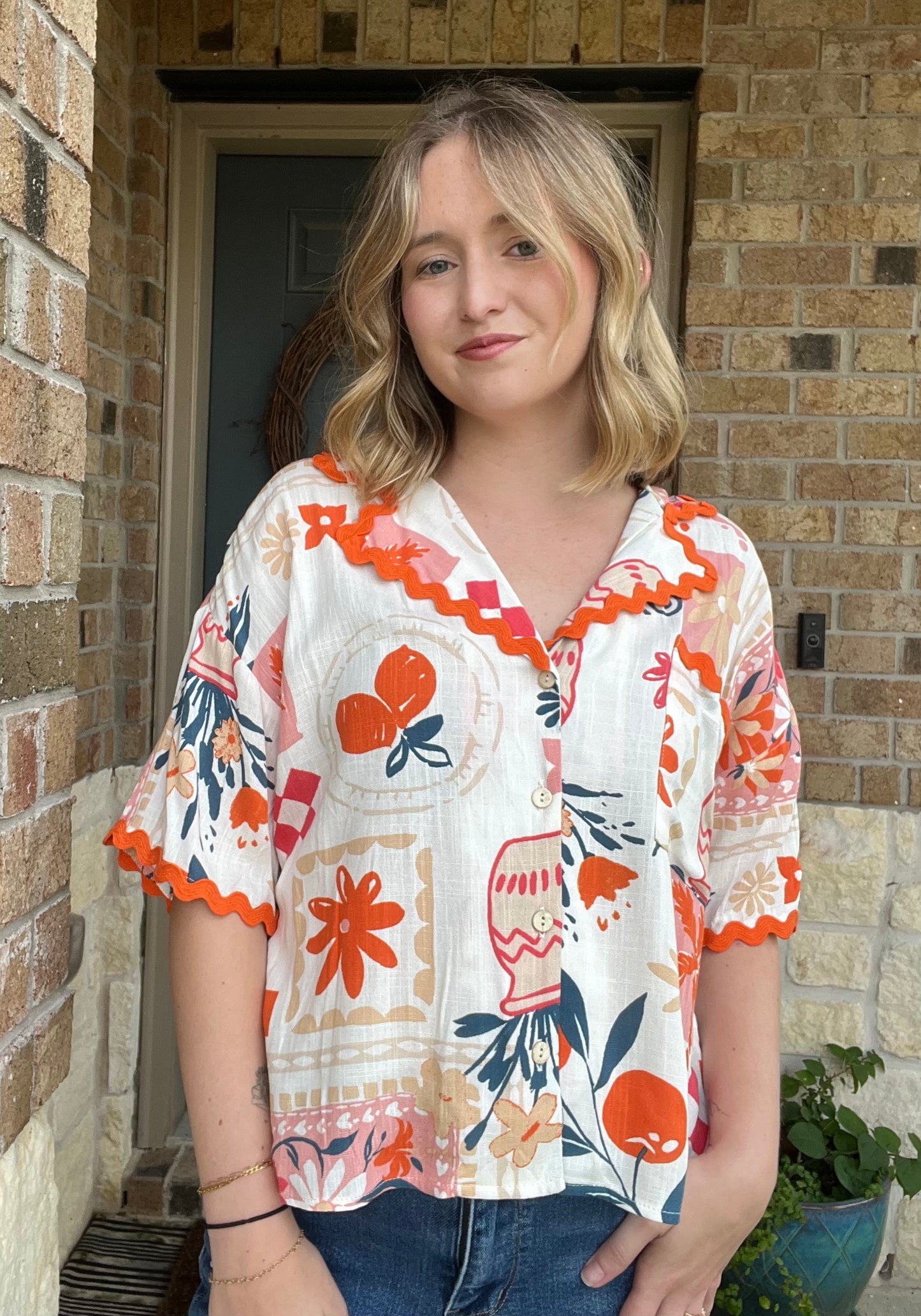 Orange Floral and Fruit Print Wavy Trim Collared Shirt