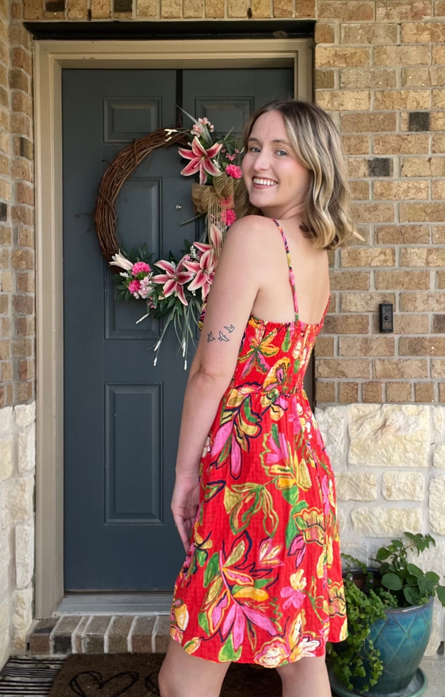 Hot Coral Sleeveless Floral Wrap Dress