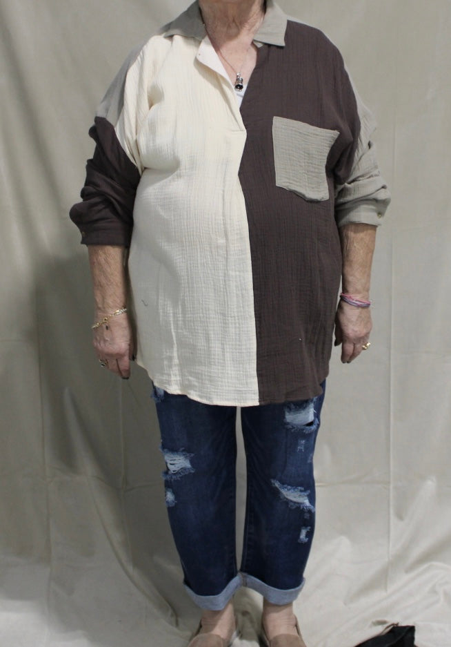 Linen Color Block Button Down Top