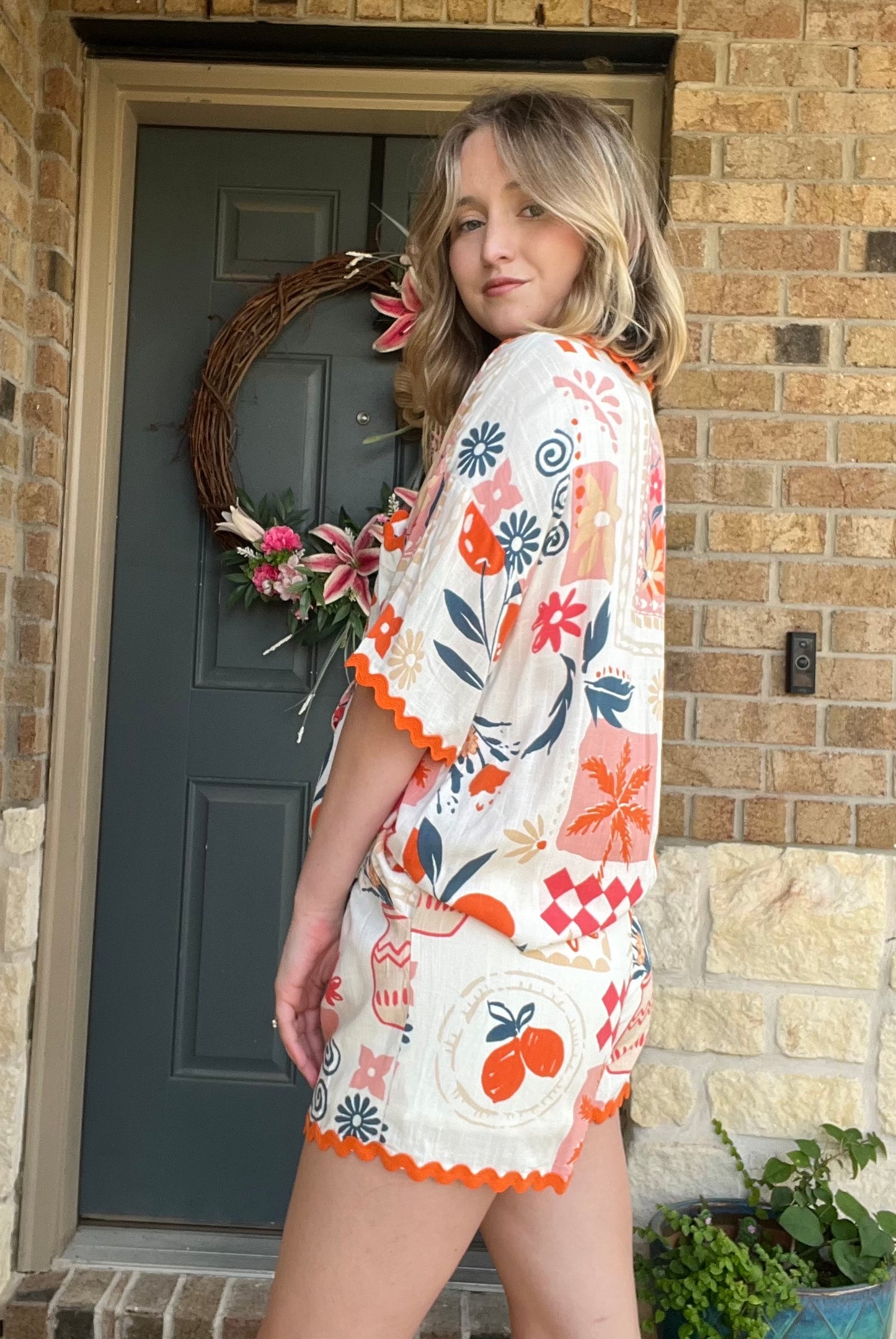 Orange Floral and Fruit Print Wavy Trim Collared Shirt