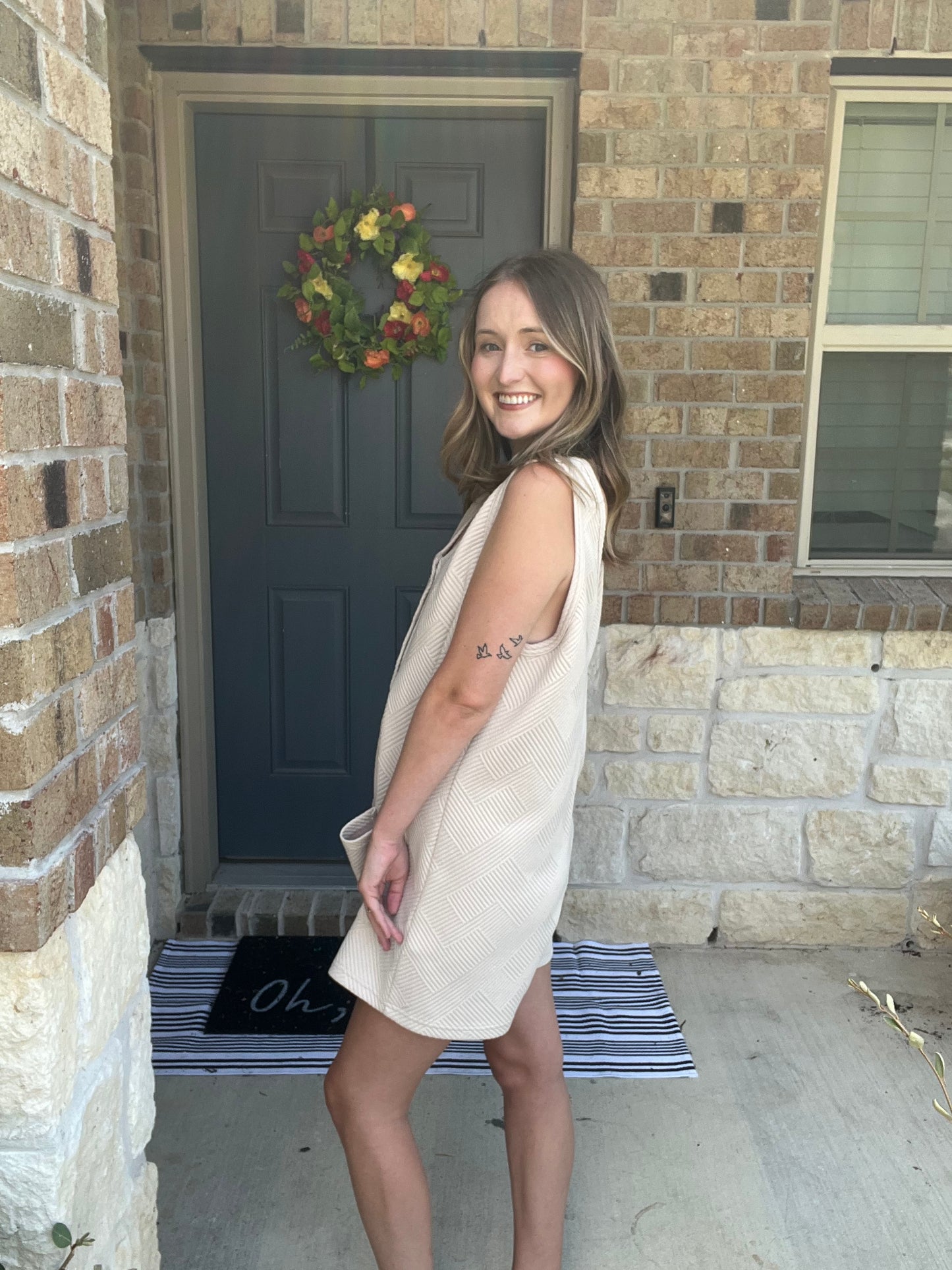 Light Taupe Geometric Embroidered Sleeveless Loose Fit Romper